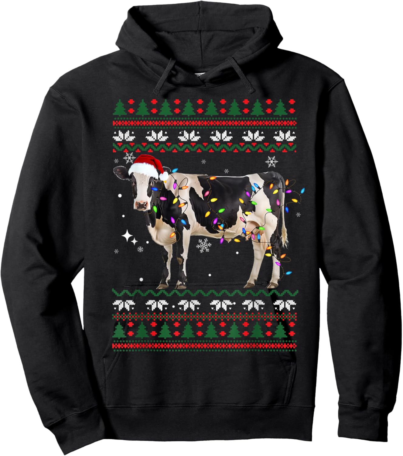Funny Ugly Xmas Sweater Dairy Cow Farmer Lights Christmas Hoodie - Hoodie | Black