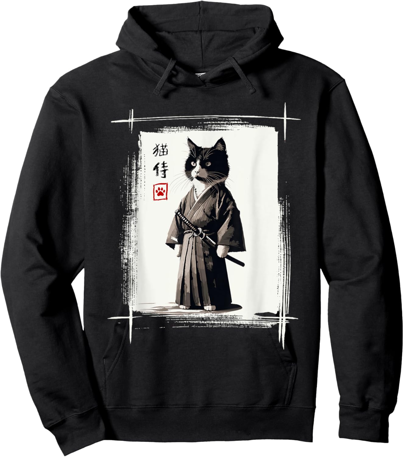 Samurai Cat Japanese Art Sumi-e Novelty Kawaii Funny Cat Hoodie - Hoodie | Black