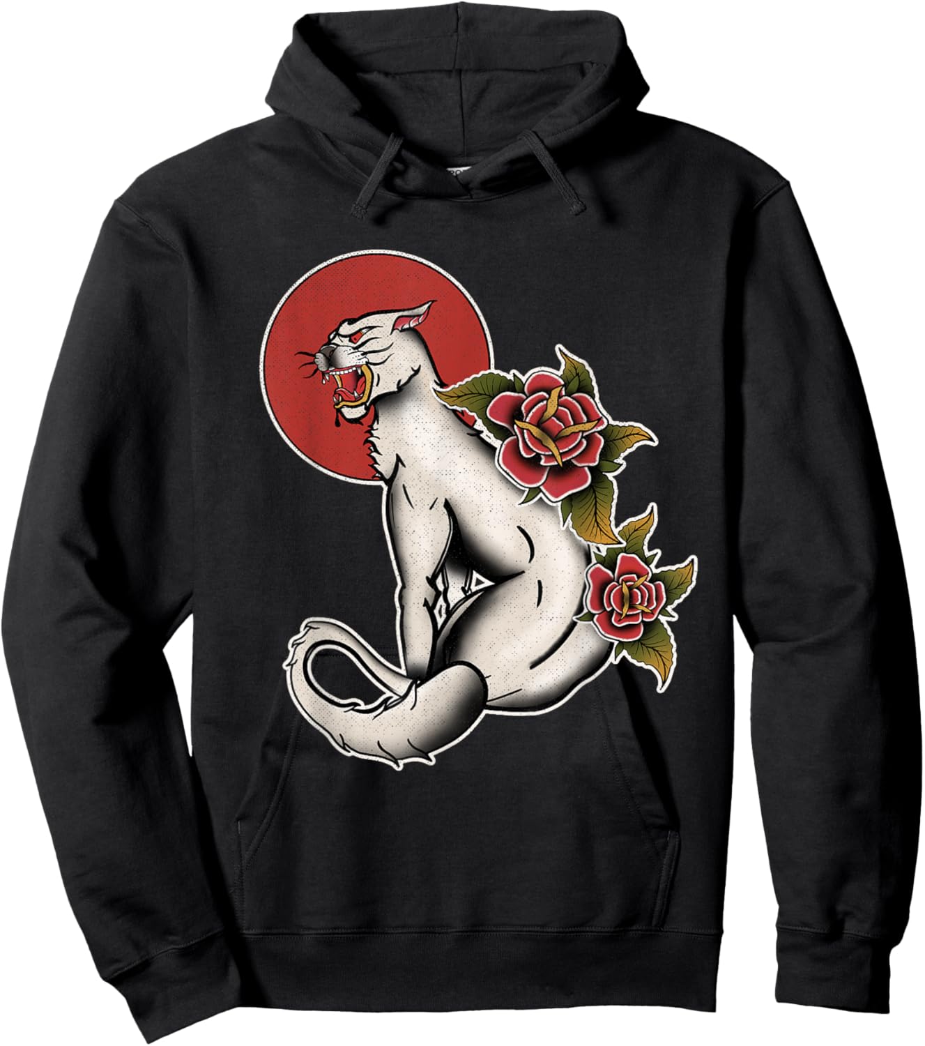 Vintage American Traditional Albino Panther Tattoo Rose Hoodie - Hoodie | Black
