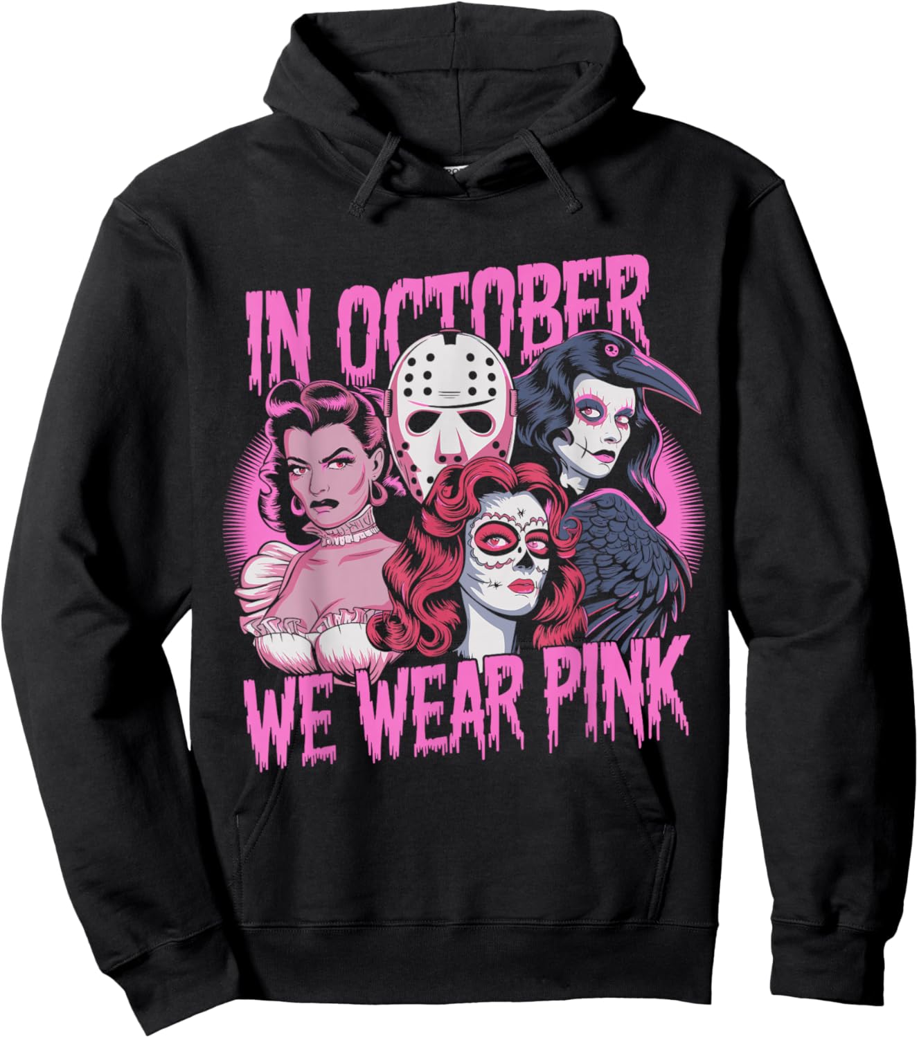 In October We Wear Pink Horror Breast Cancer Awareness Hoodie - Hoodie | Black