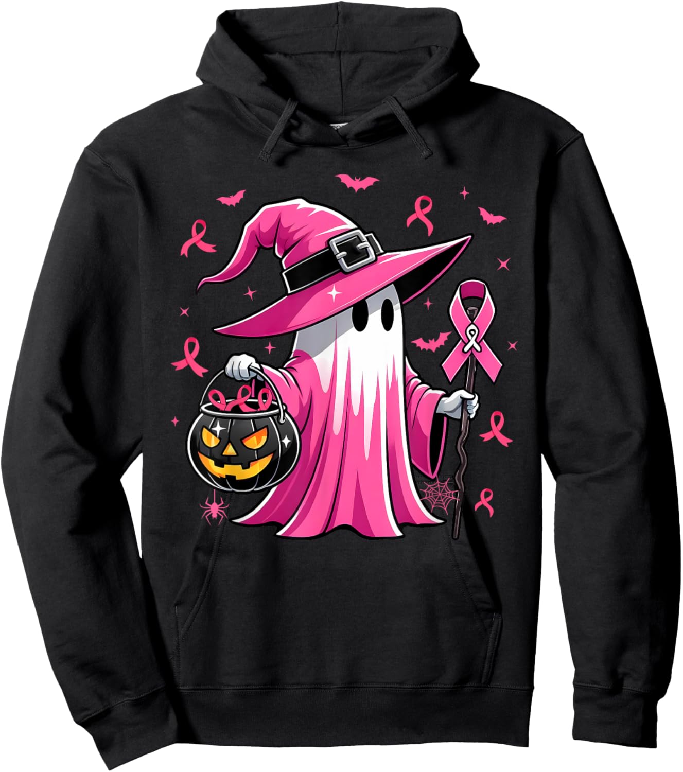 Halloween Pink Ghost Witch Breast Cancer Awareness Women Hoodie - Hoodie | Black
