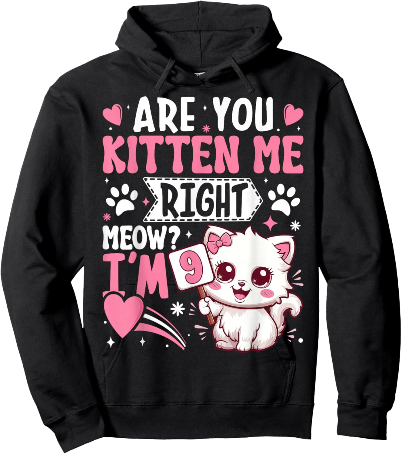 9th Birthday Shirt Girl 9 Year Old Kitten Cat Happy Bday Hoodie - Hoodie | Black