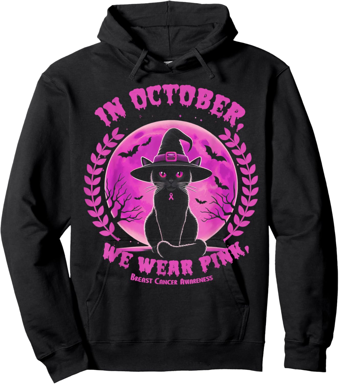 In October We Wear Pink Witch Cat Halloween Breast Cancer Hoodie - Hoodie | Black