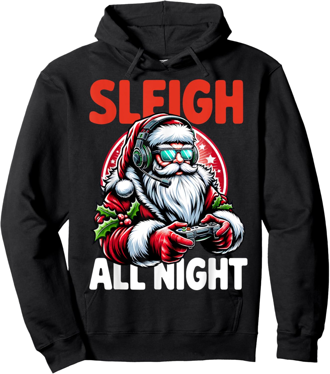 Christmas Gamer Boys Sleigh All Night Video Game Santa Xmas Hoodie - Hoodie | Black