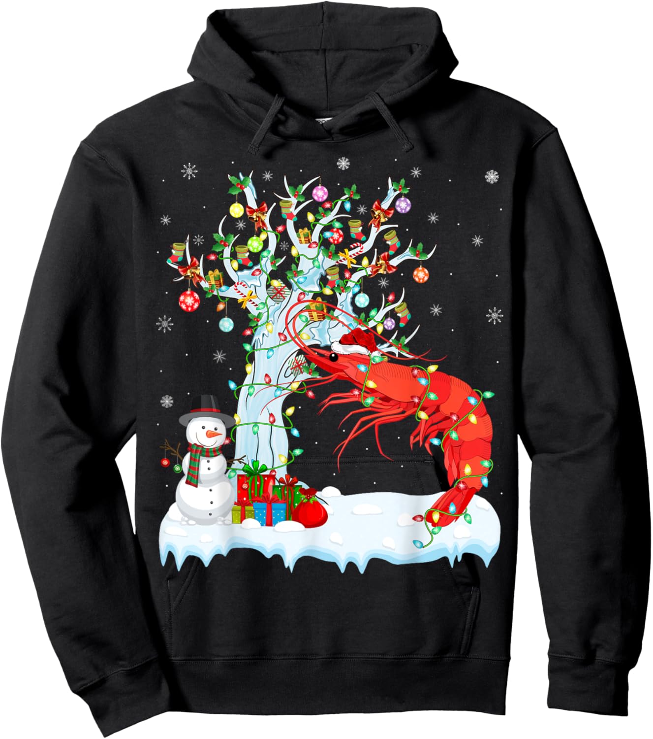 Shrimp Fish Xmas Lighting Tree Santa Hat Shrimp Christmas Hoodie - Hoodie | Black