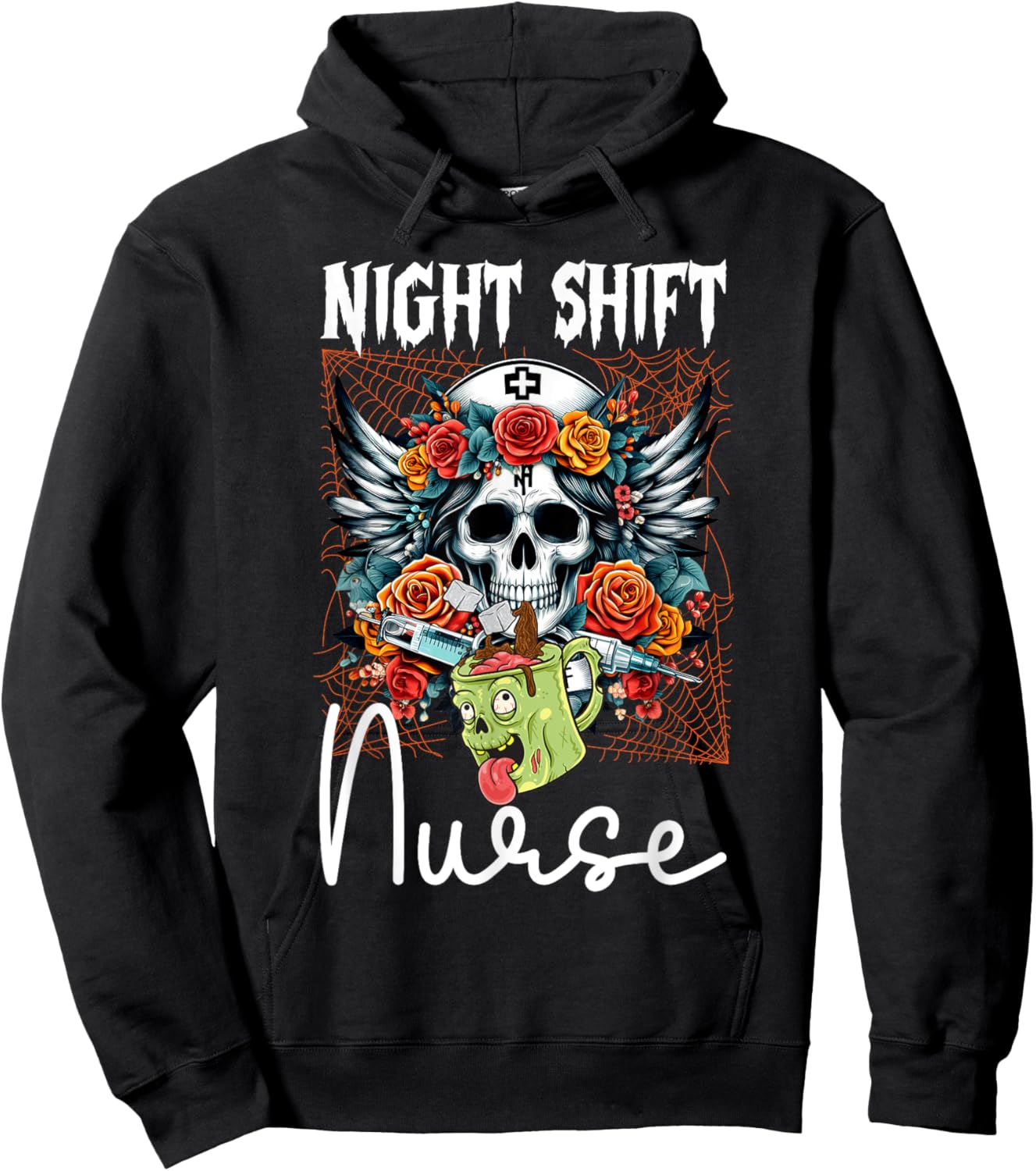 Floral Night Shift Nurse Skeleton Halloween RN Nurses Skull Hoodie - Hoodie | Black