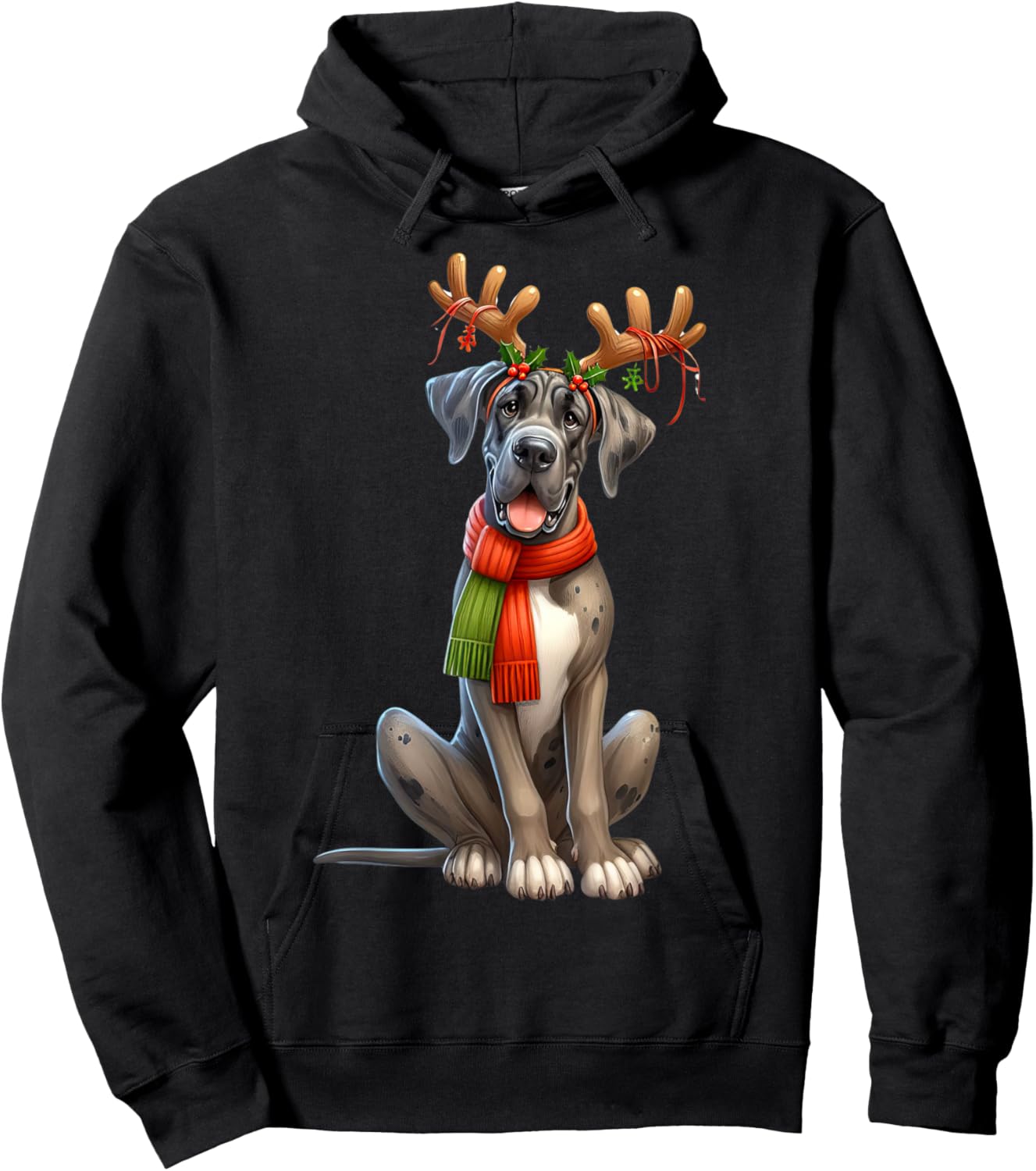 Great Dane Reindeer Santa Hat Xmas Lights Christmas Xmas Dog Hoodie - Hoodie | Black