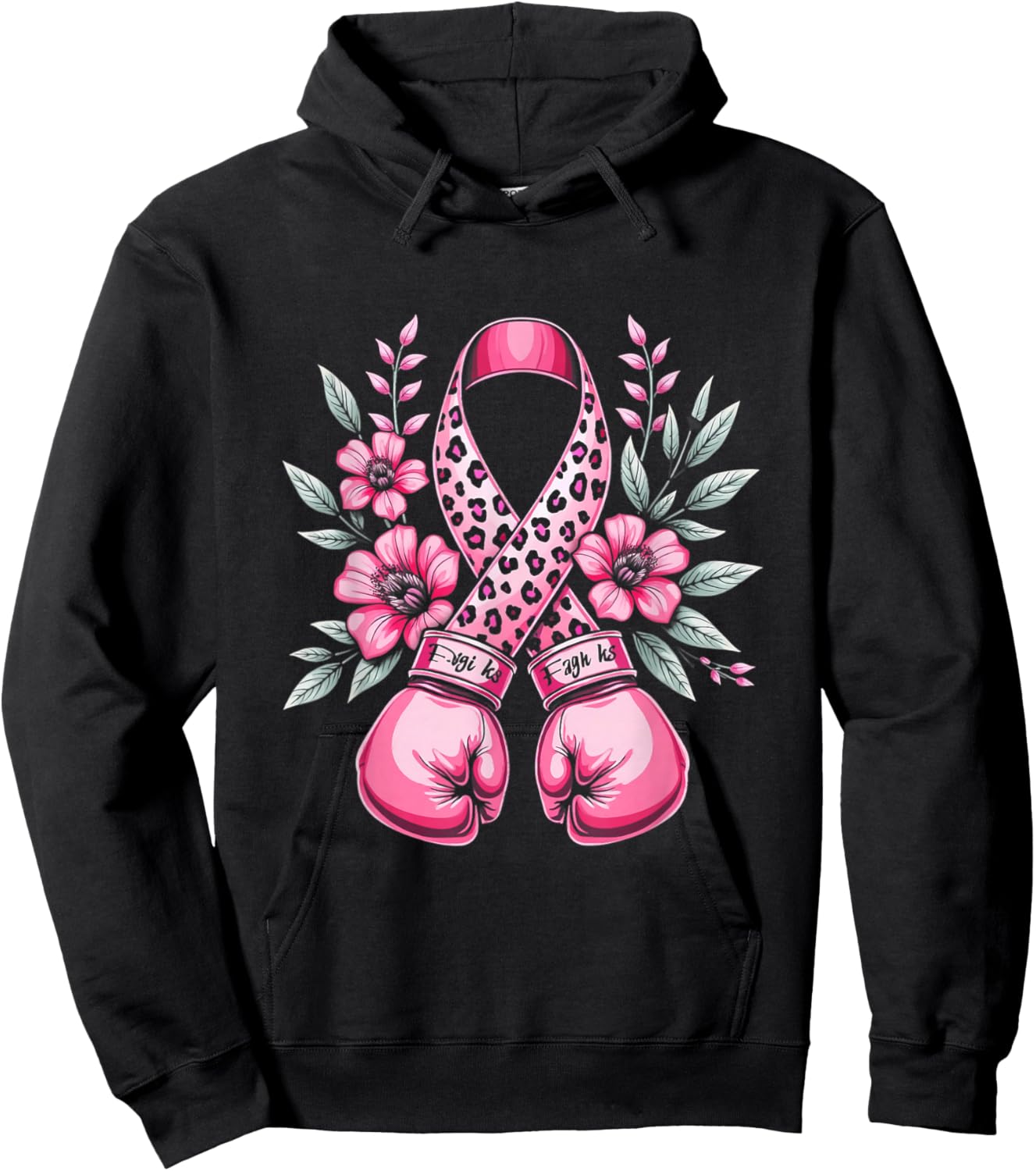 Pink Ribbon Leopard Print Boxing Gloves Breast Cancer Design Hoodie - Hoodie | Black