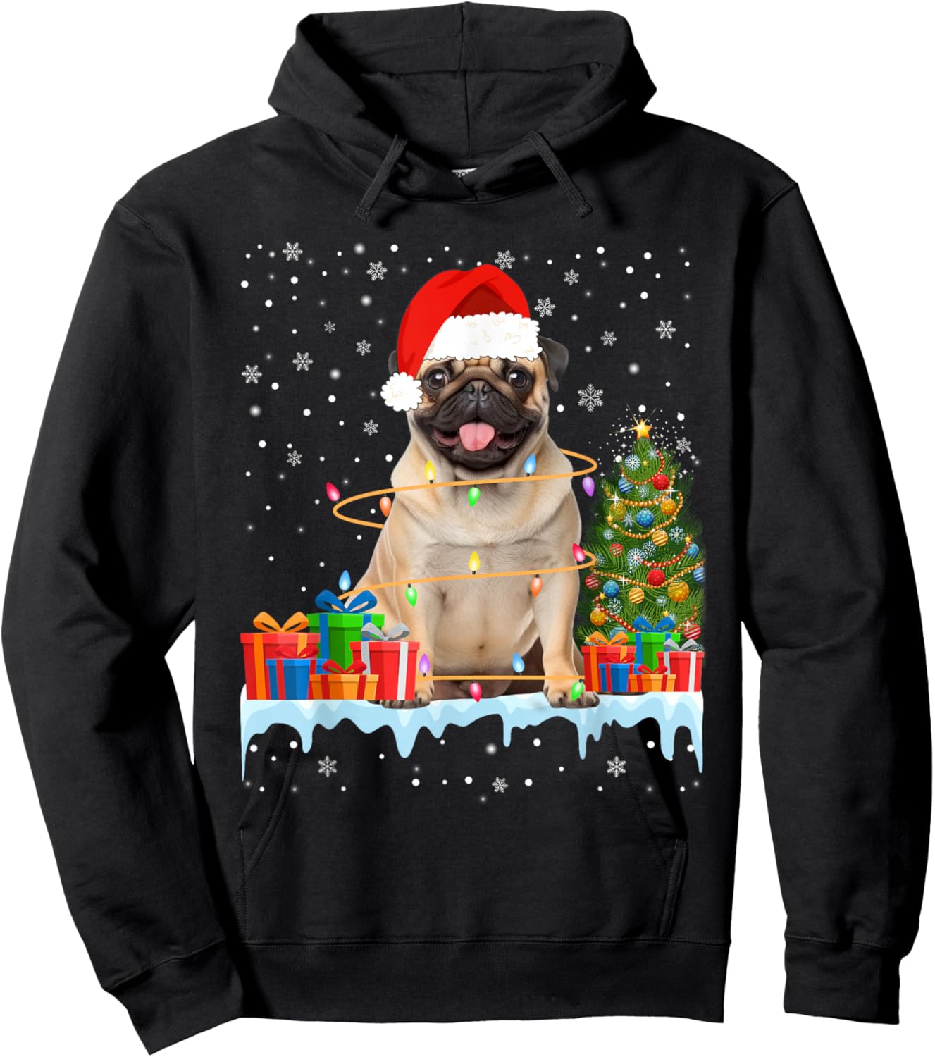 Funny Santa Pug Dog Christmas Lights Xmas Pajamas Hoodie - Hoodie | Black