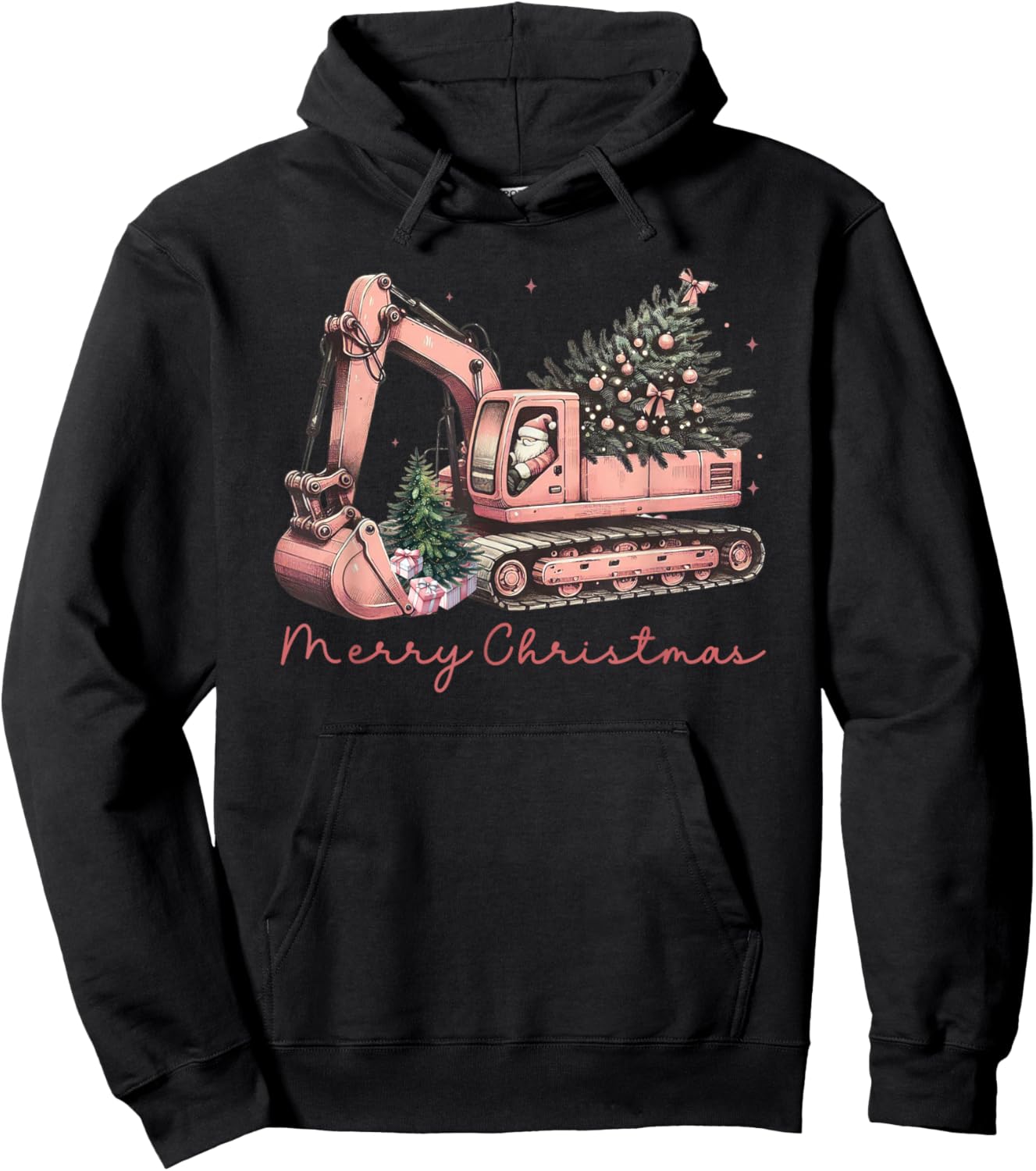 Merry Christmas Construction Excavator Christmas Tree Light Hoodie - Hoodie | Black