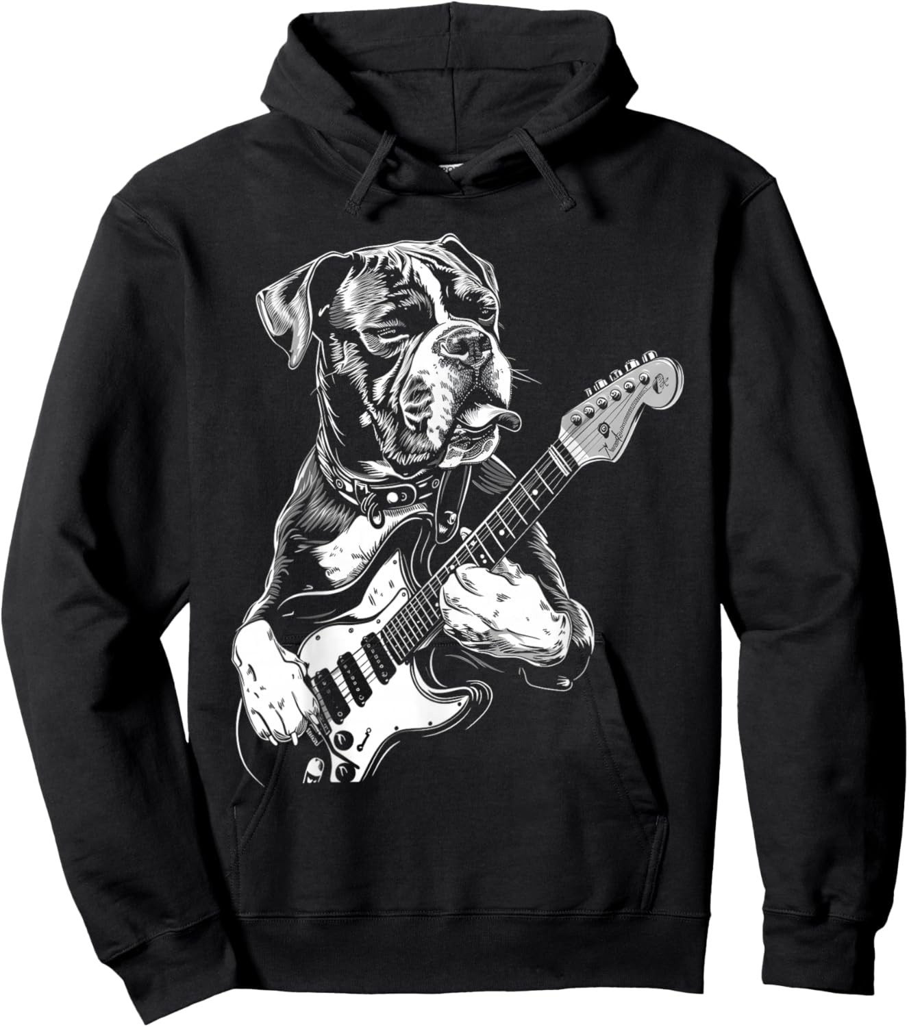 Funny Boxer Dog Playing Electric Guitar Rock Dog Dad Women Girls Kids Hoodie - Hoodie | Black