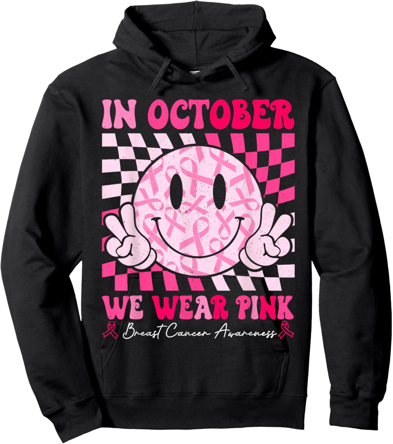 Retro In October We Wear Pink Breast Cancer Awareness Ribbon Hoodie - Hoodie | Black
