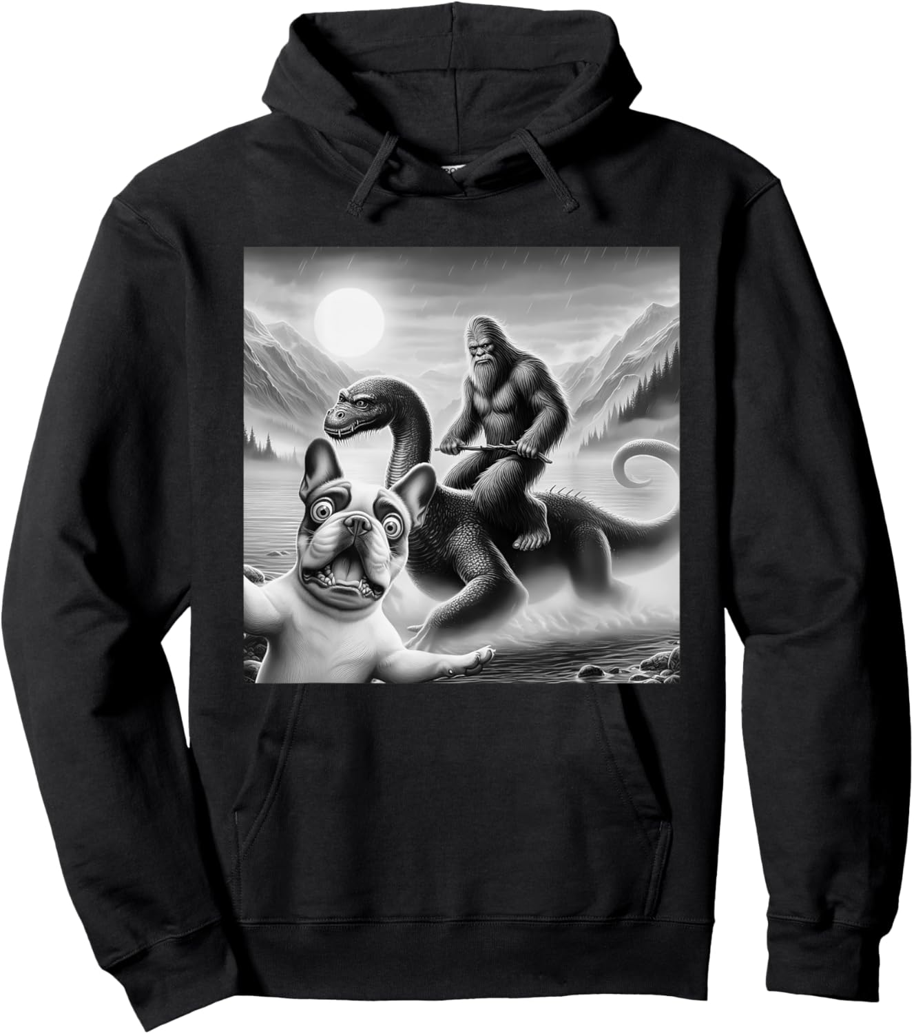 Funny French bulldog Selfie with bigfoot riding loch Ness Women Kids Hoodie - Hoodie | Black