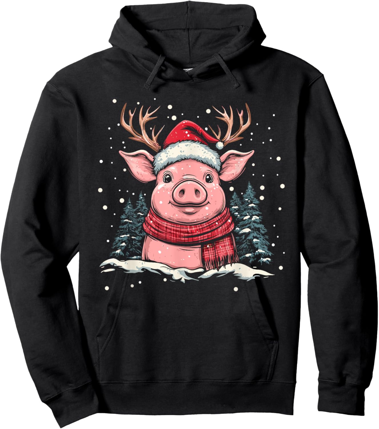 Pig Reindeer Santa Hat Christmas Xmas Hoodie - Hoodie | Black