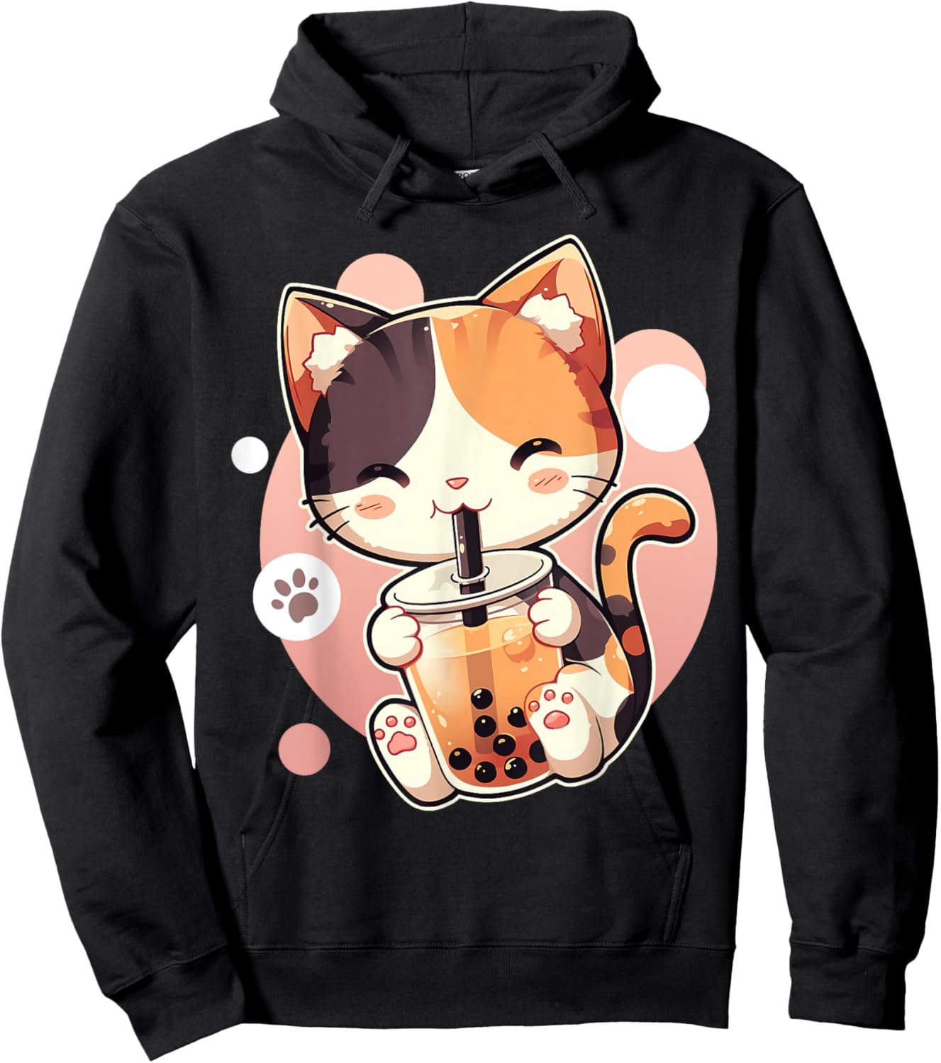 Cute Cat Drinking Boba Tea Bubble Tea Anime Kawaii Neko Women Kids Hoodie - Hoodie | Black