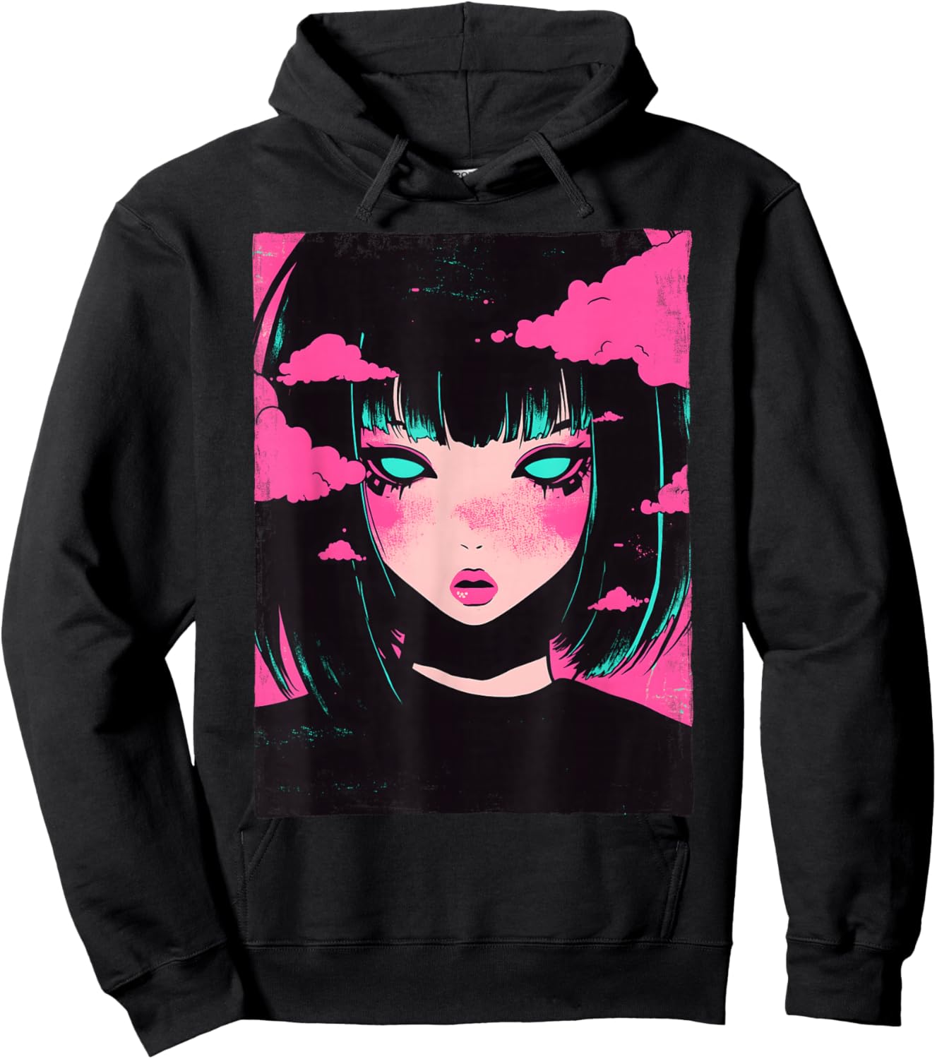 Distressed Anime Girl Vaporwave Pastel Goth E-Girl Grunge Hoodie - Hoodie | Black