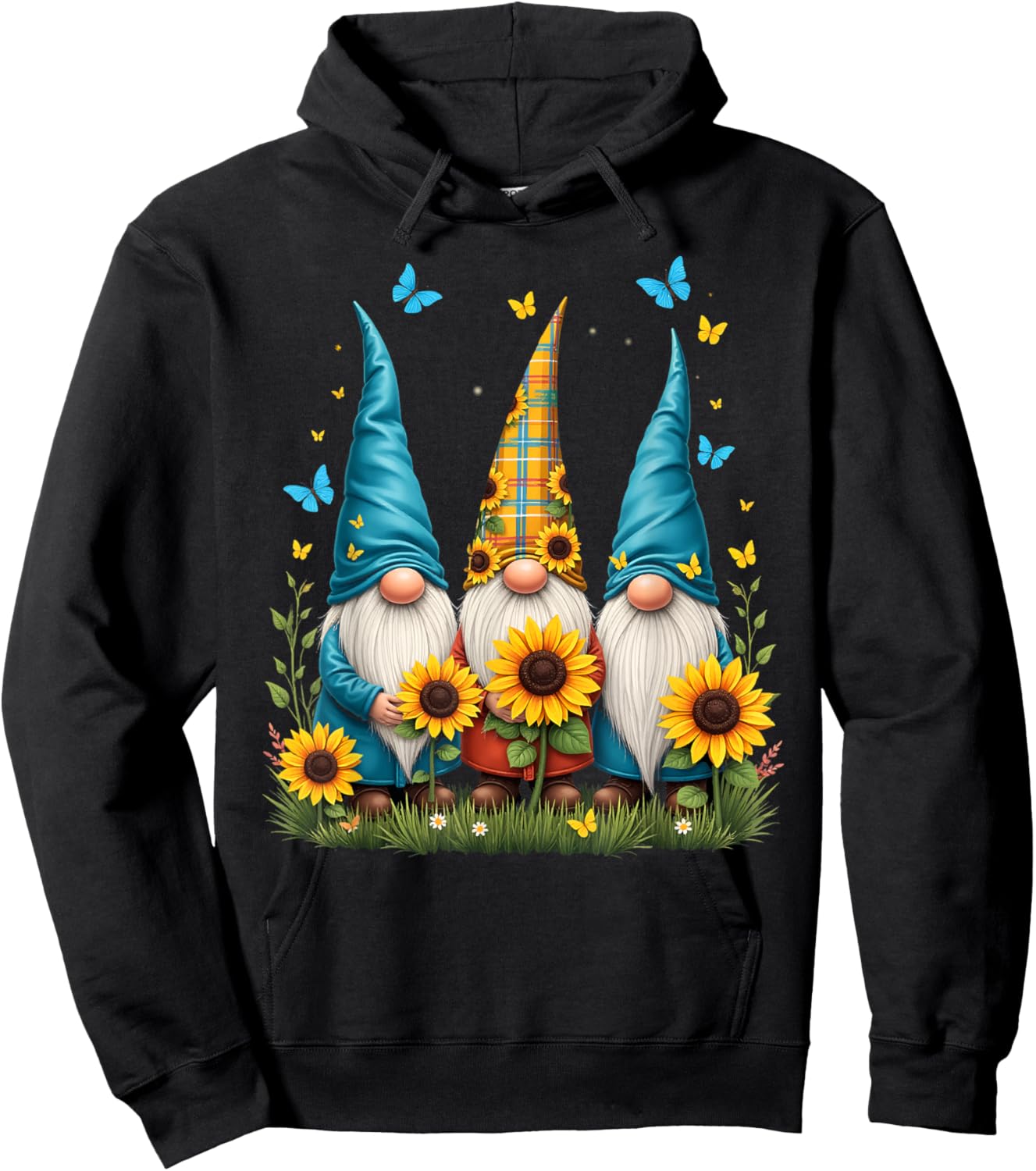 Gnomes With Sunflower Butterfly Flower Garden Gardener Hoodie - Hoodie | Black