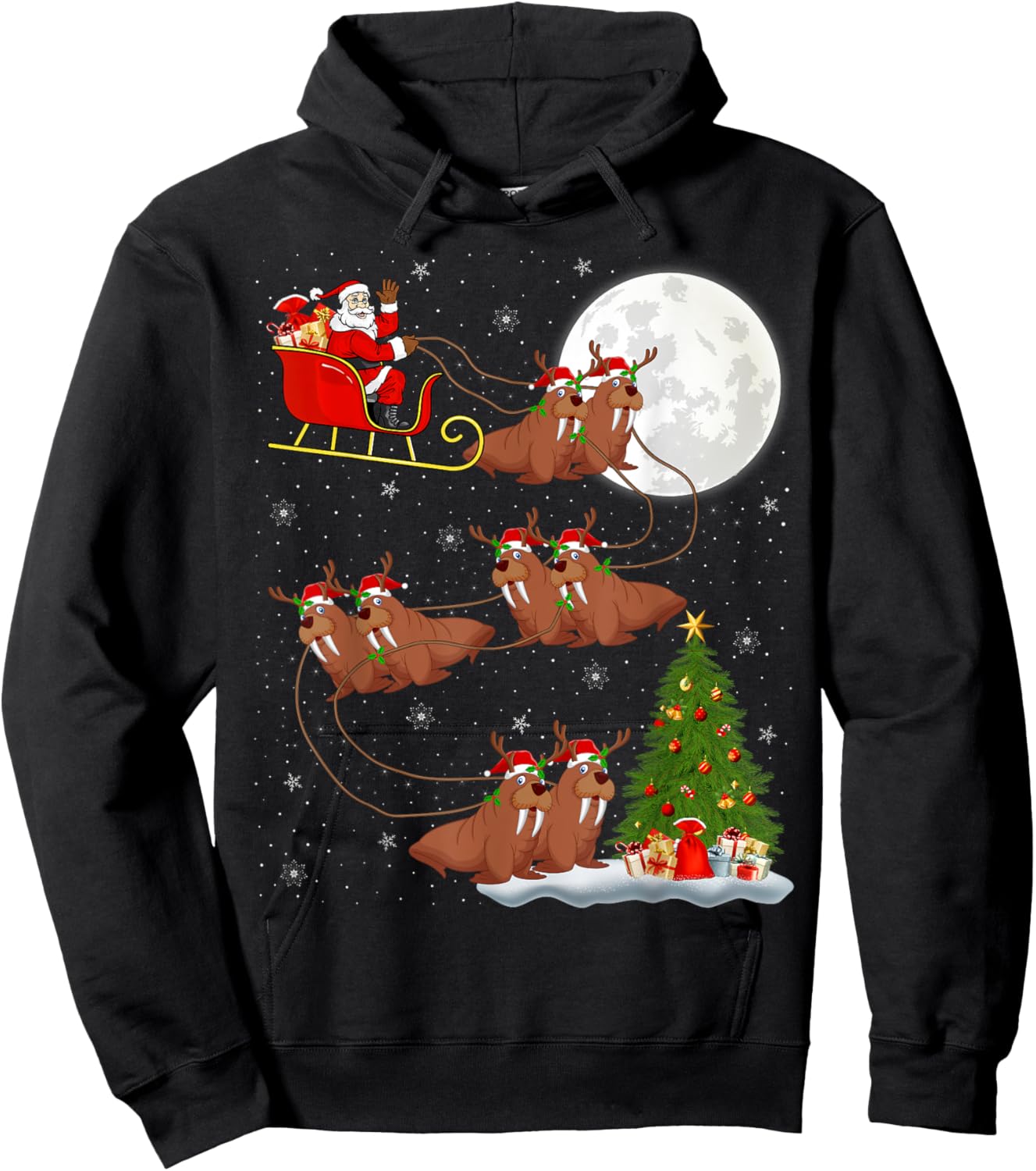 Xmas Tree Lights Funny Santa Riding Walrus Christmas Hoodie - Hoodie | Black