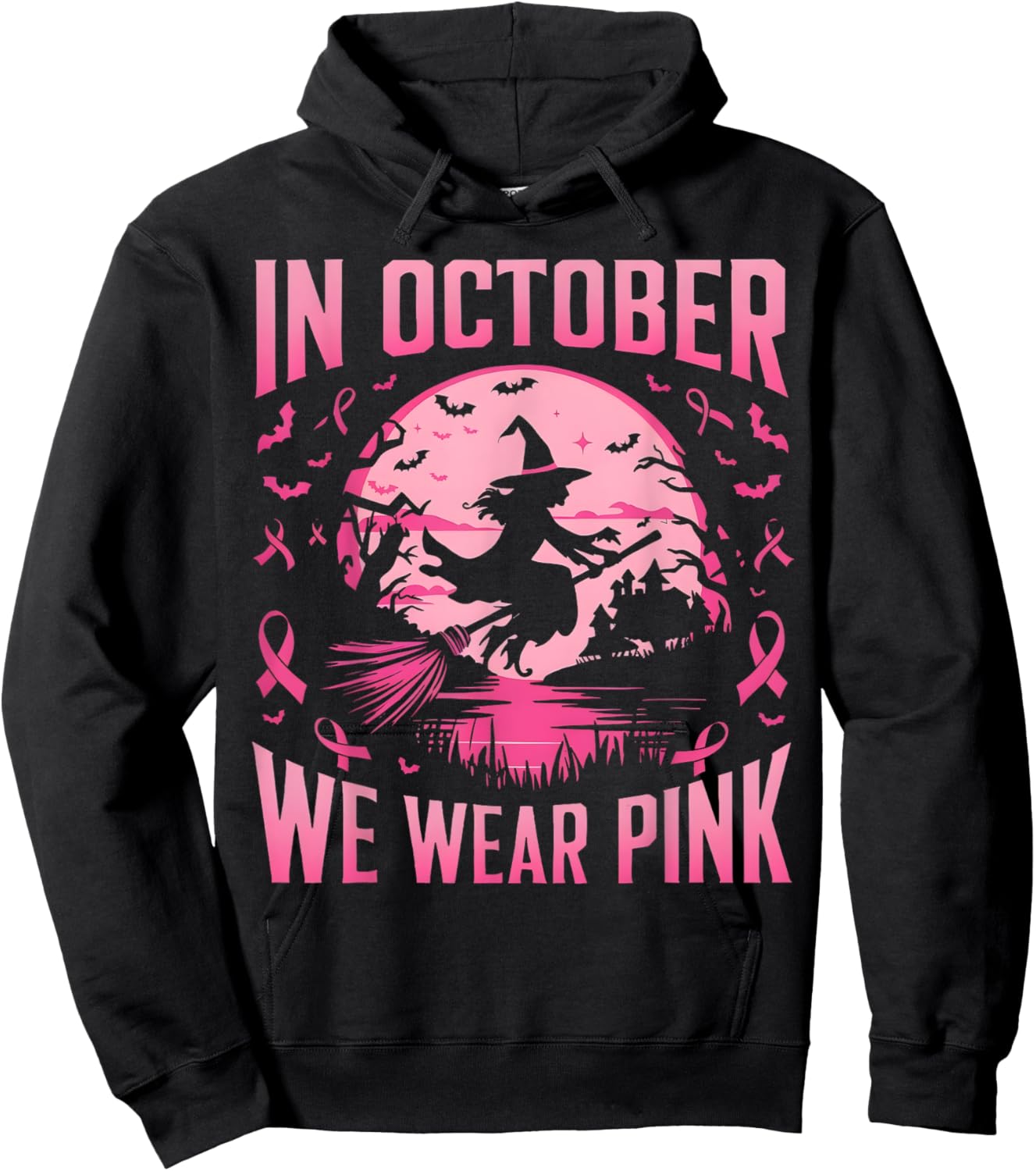 In October We Wear Pink Ghost Witch Breast Cancer Awareness Hoodie - Hoodie | Black