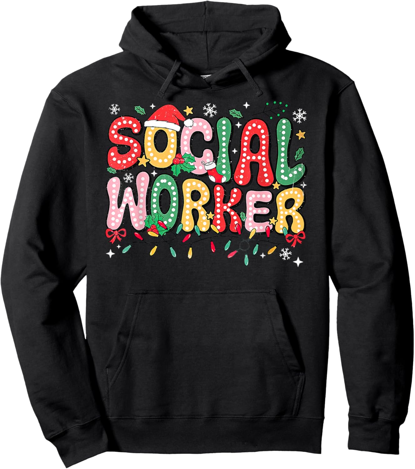 Retro Social Worker Santa Hat Christmas Lights Social Work Hoodie - Hoodie | Black