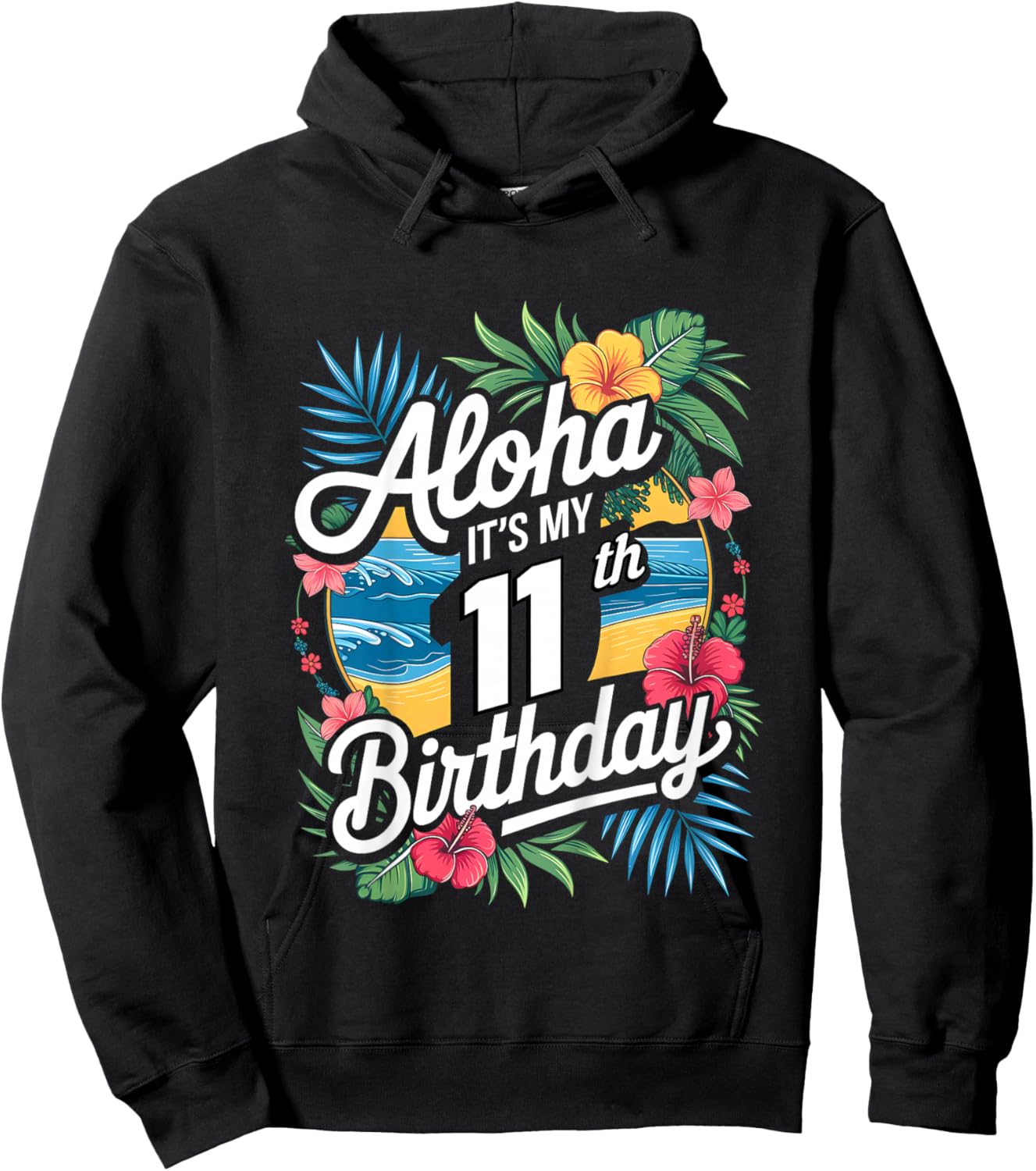 Kids Aloha 11th Birthday Hawaiian Theme Hawaii Tropical Beach Hoodie - Hoodie | Black