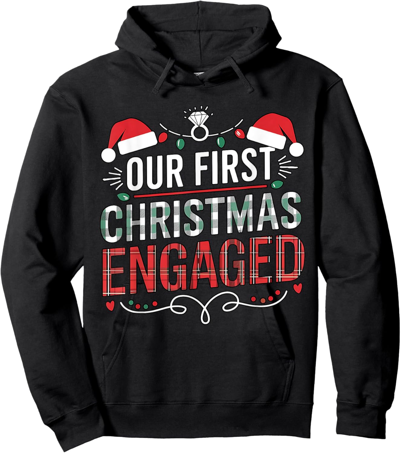 Our First Christmas Engaged 2024 Couples Pajamas Christmas Hoodie - Hoodie | Black