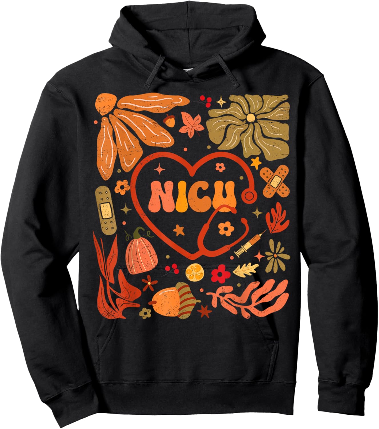 NICU Nurse Heart Pumpkin Boho Flower Thanksgiving Hoodie - Hoodie | Black