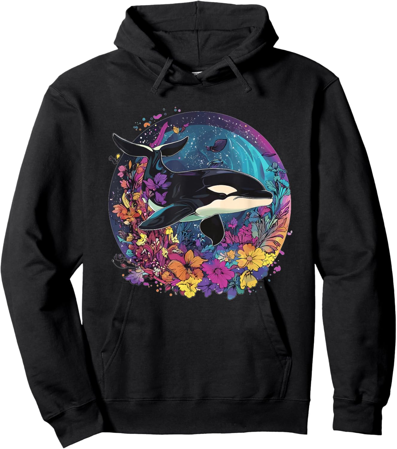 Orca Whale Surrounded By Vibrant Flowers Hoodie - Hoodie | Black