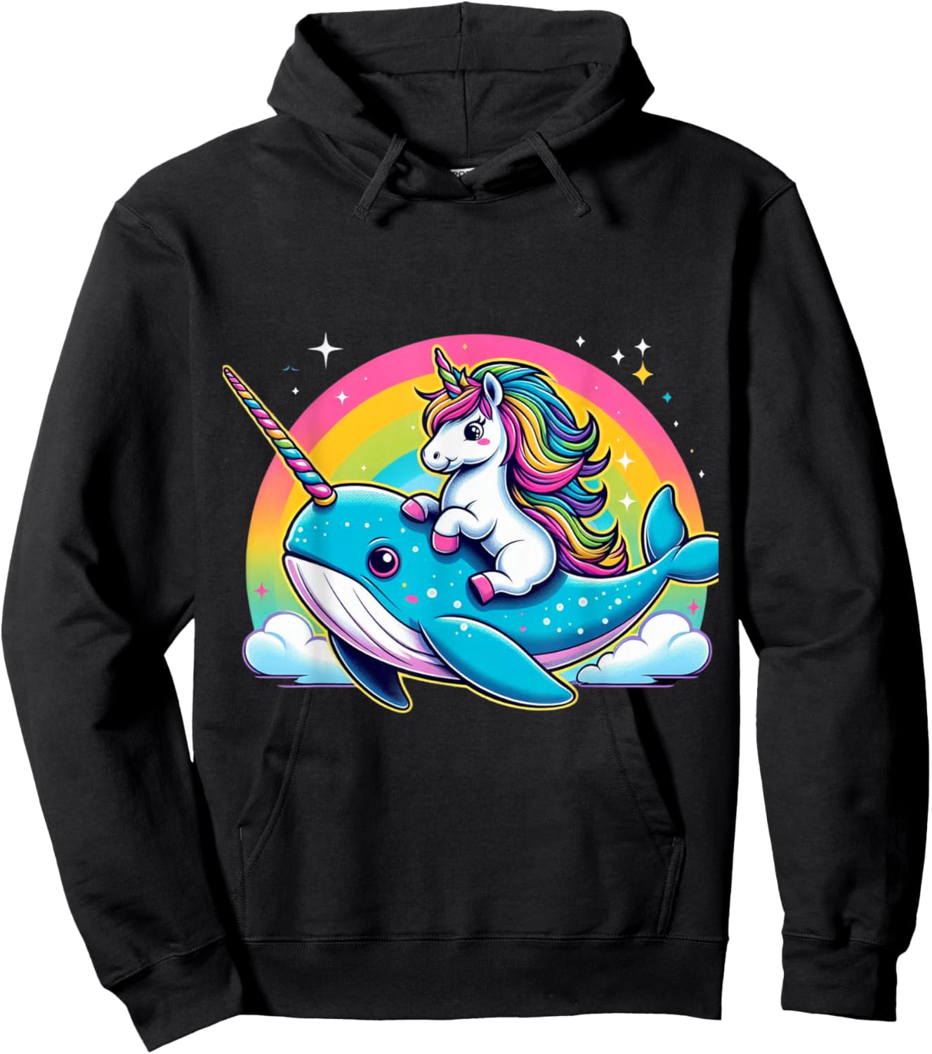 Unicorn Riding Narwhal Boys Girls Men Women Kids Rainbow Hoodie - Hoodie | Black