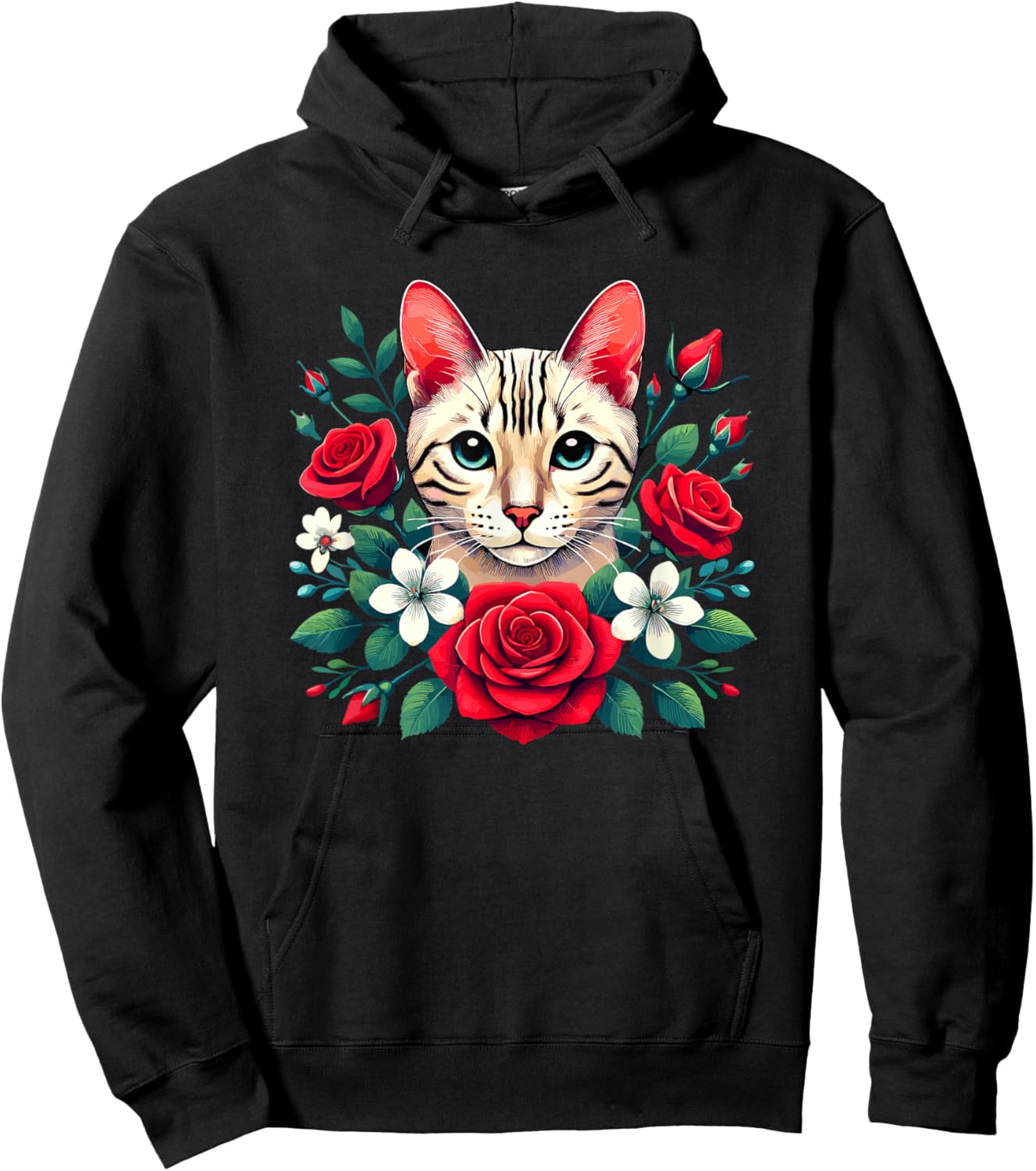 Roses Flowers Snow Bengal Cat Women Kids Hoodie - Hoodie | Black