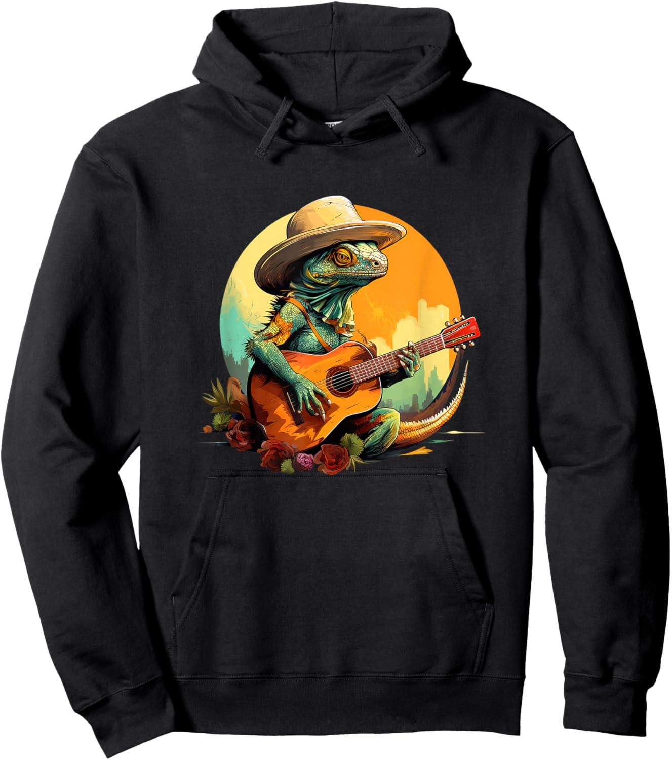 Cowboy Country Iguana Lizard Playing Guitar - Mexico Vintage Hoodie - Hoodie | Black