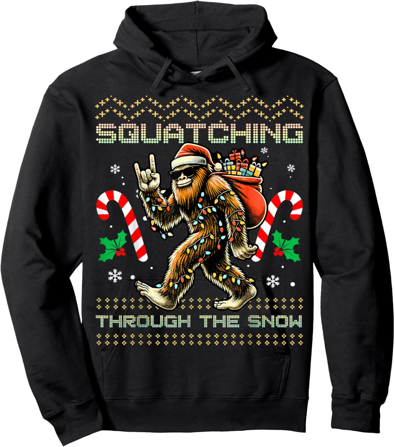 Squatching Through The Snow Squatch Rock Bigfoot Christmas Hoodie - Hoodie | Black