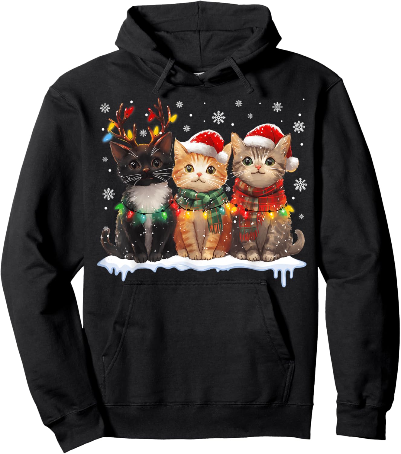 Santa Cat Light Reindeer Christmas Cat Lover Pajamas Hoodie - Hoodie | Black