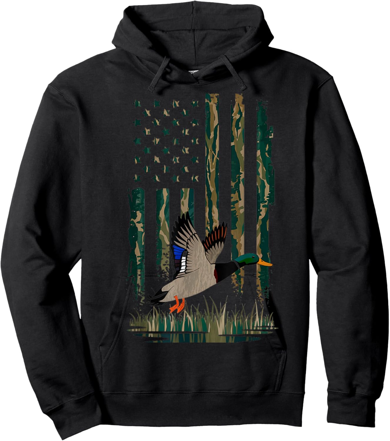 Duck Hunting Shirt Men Boys Kids Waterfowl Hunters Camo Flag Hoodie - Hoodie | Black