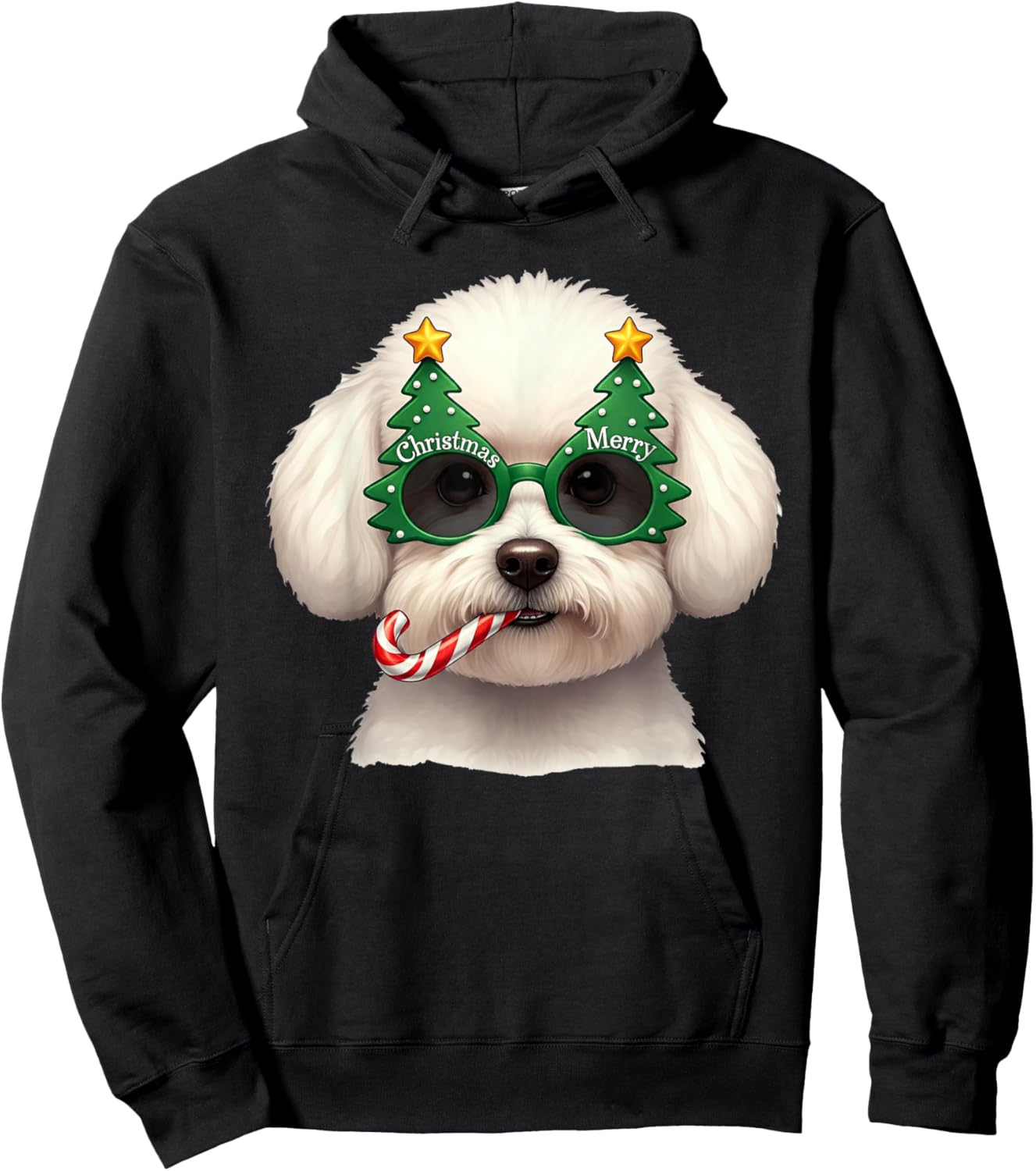 Christmas Tree Sunglasses Bichon Frise Candy Cane Men Women Hoodie - Hoodie | Black