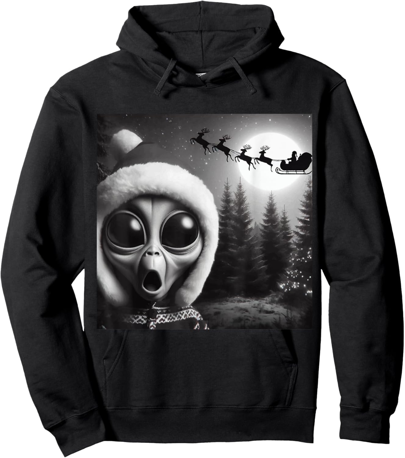 Christmas Alien Shocked by Santa’s Sleigh,Funny Holiday Xmas Hoodie - Hoodie | Black