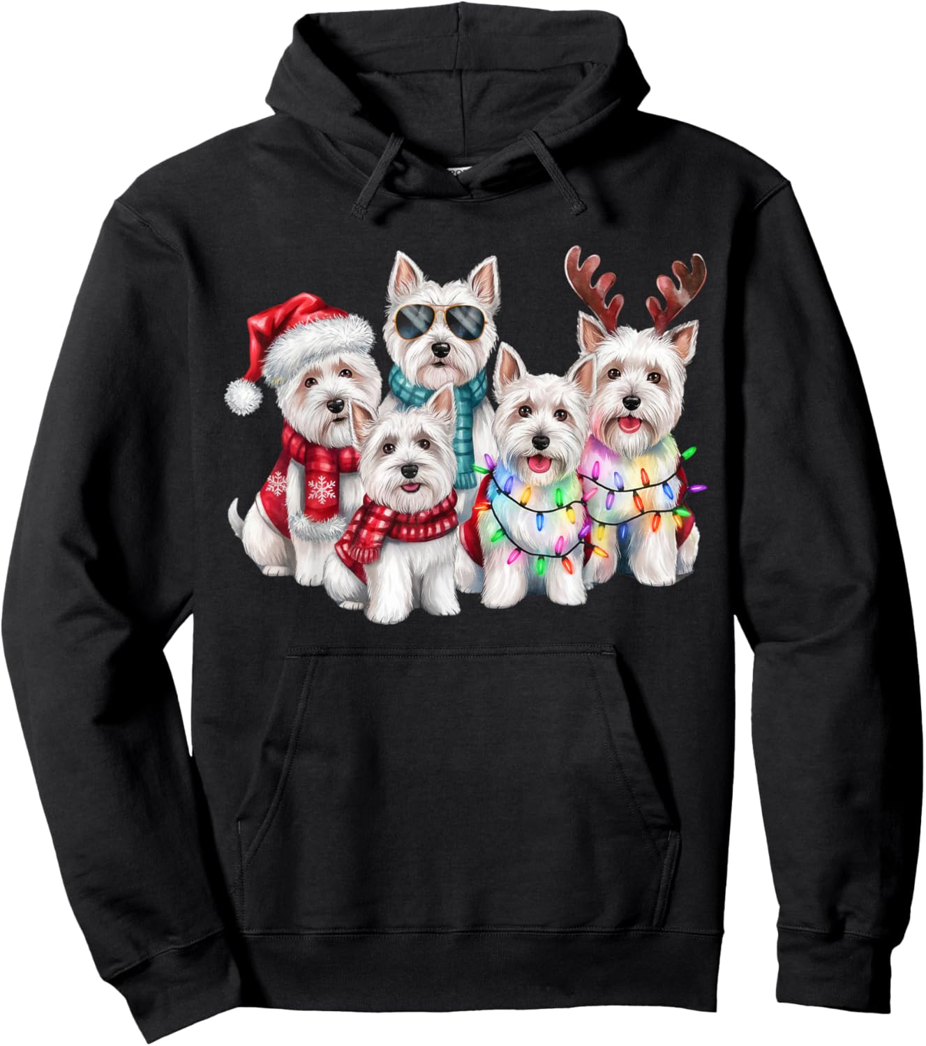 Westie Reindeer Christmas Lights Dog Lover Xmas Pajama Men Women Hoodie - Hoodie | Black