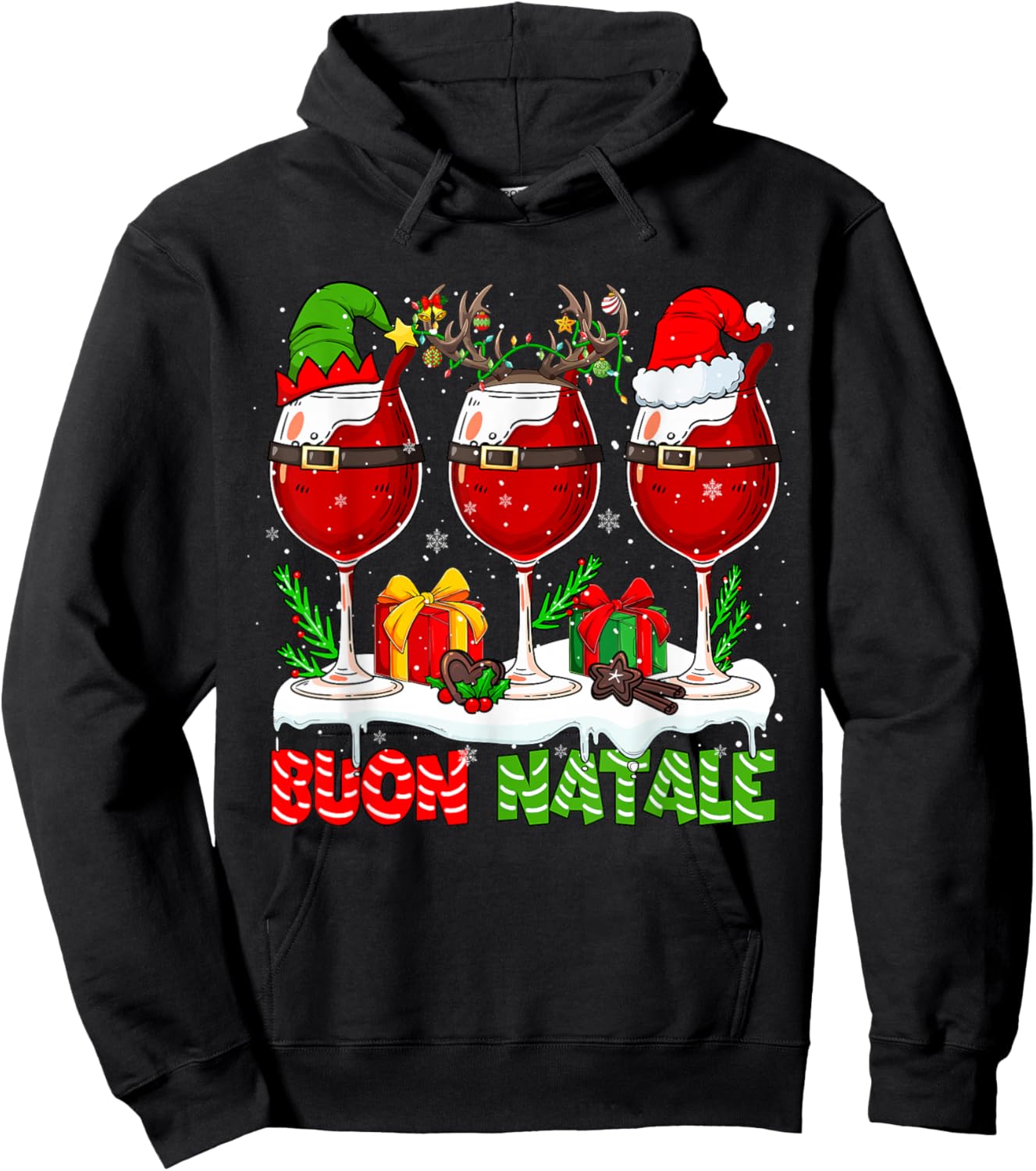 Buon Natale Merry Christmas Italian Three Santa Wine Glasses Hoodie - Hoodie | Black