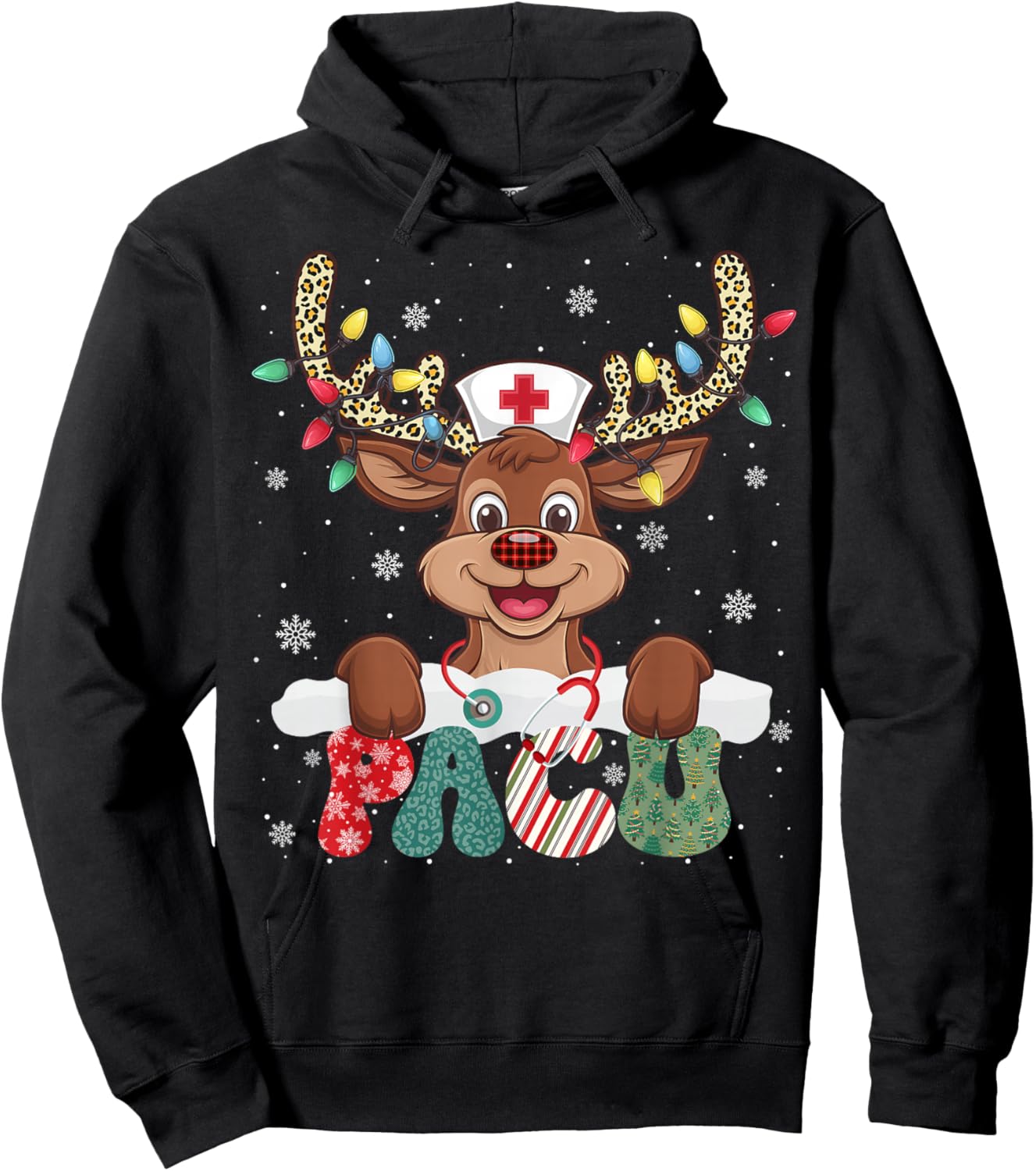 PACU Nurse Reindeer Nurse Hat Christmas Light Women Girl Hoodie - Hoodie | Black