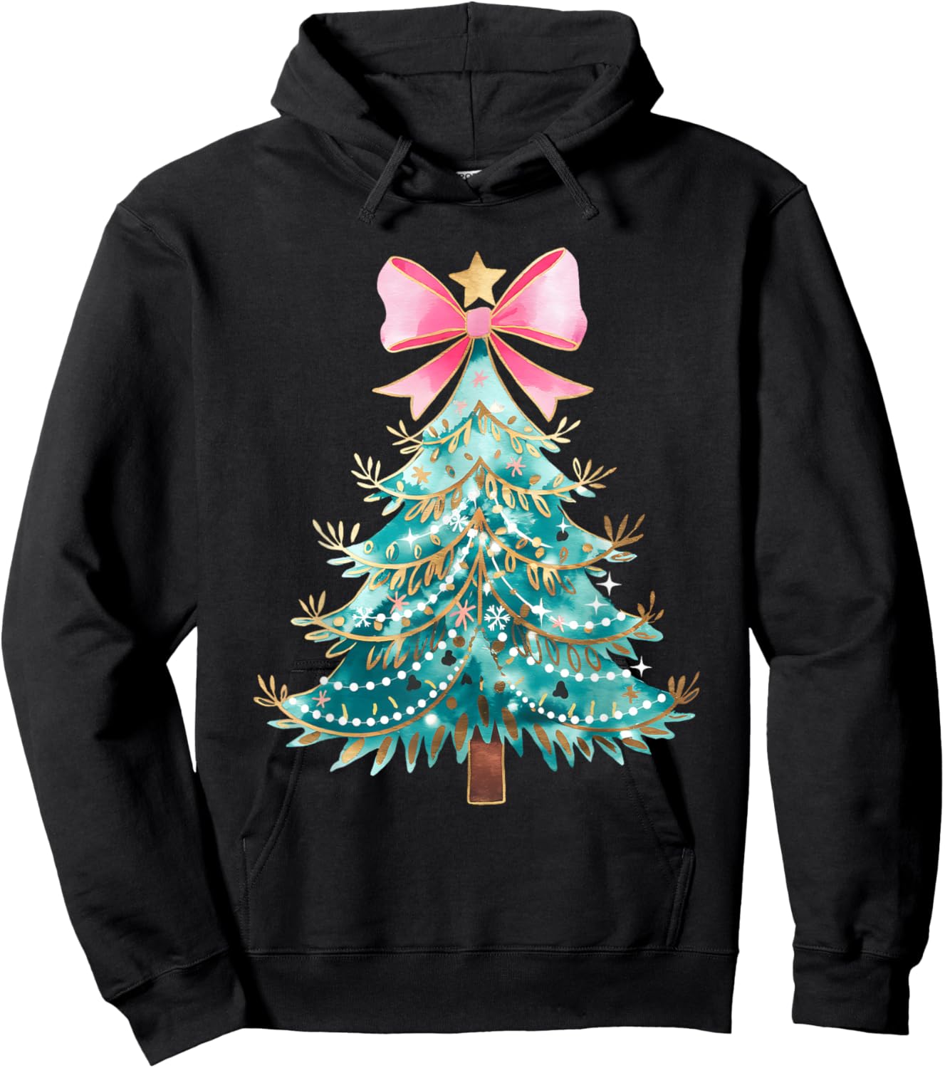 Christmas Tree Bow Pink Christmas Coquette Bow Xmas Holiday Hoodie - Hoodie | Black