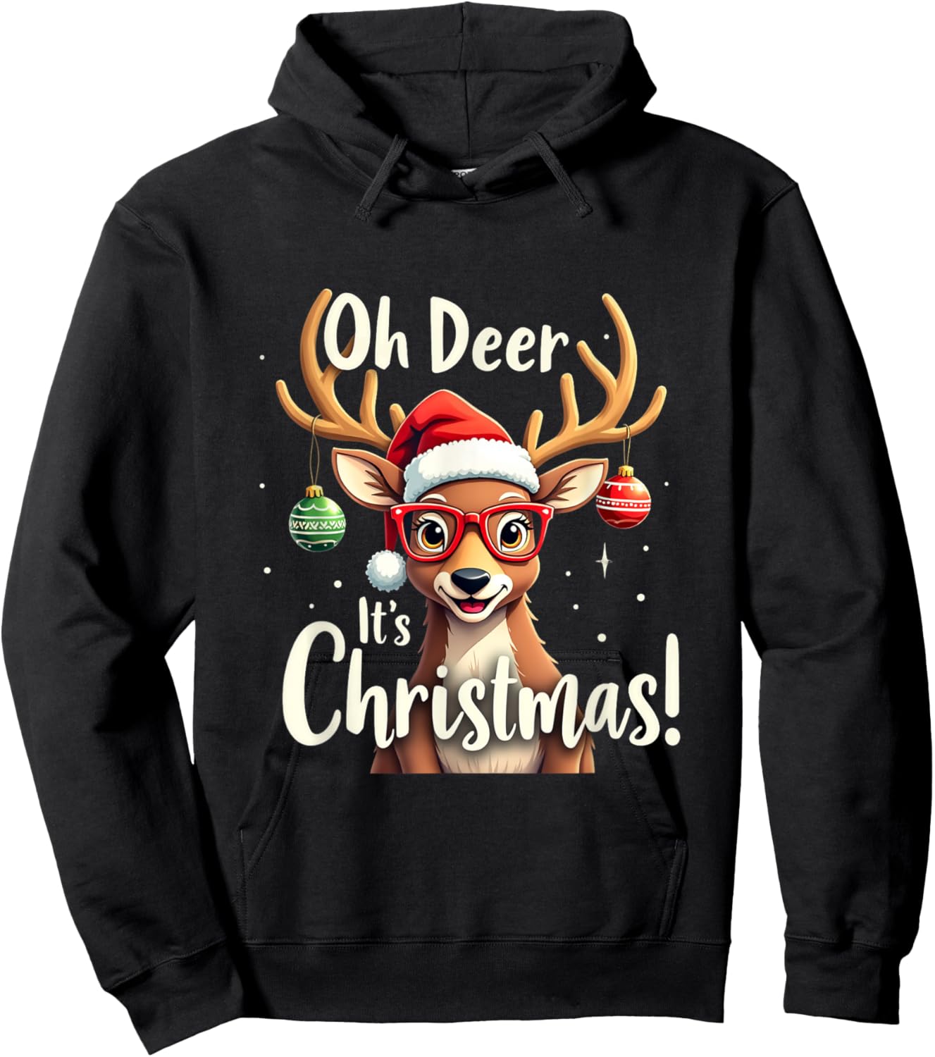 Oh Deer It's Christmas with Santa Hat and Glasses Hoodie - Hoodie | Black