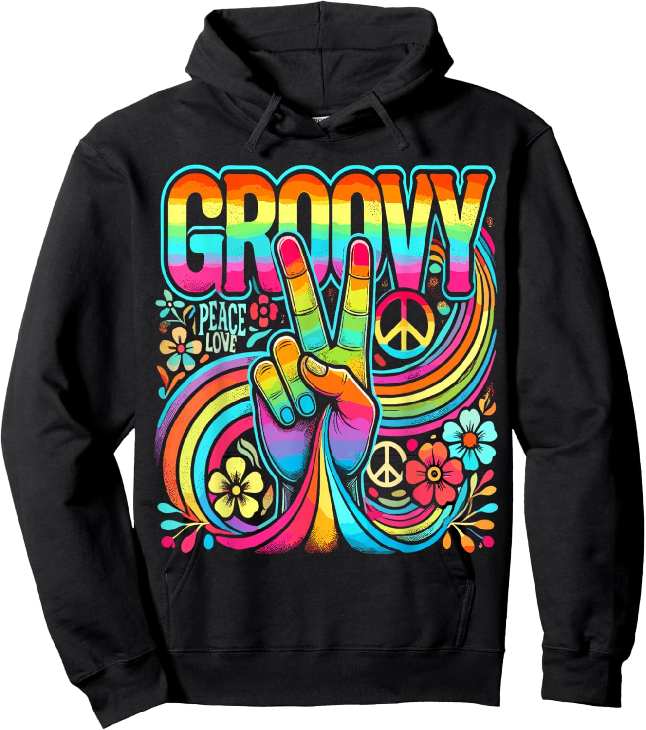 Tie Dye Peace Sign Hippie Love Groovy - -Adult, Small, Black, Short Sleeve, Classic Fit, , All Seasons Hoodie - Hoodie | Black
