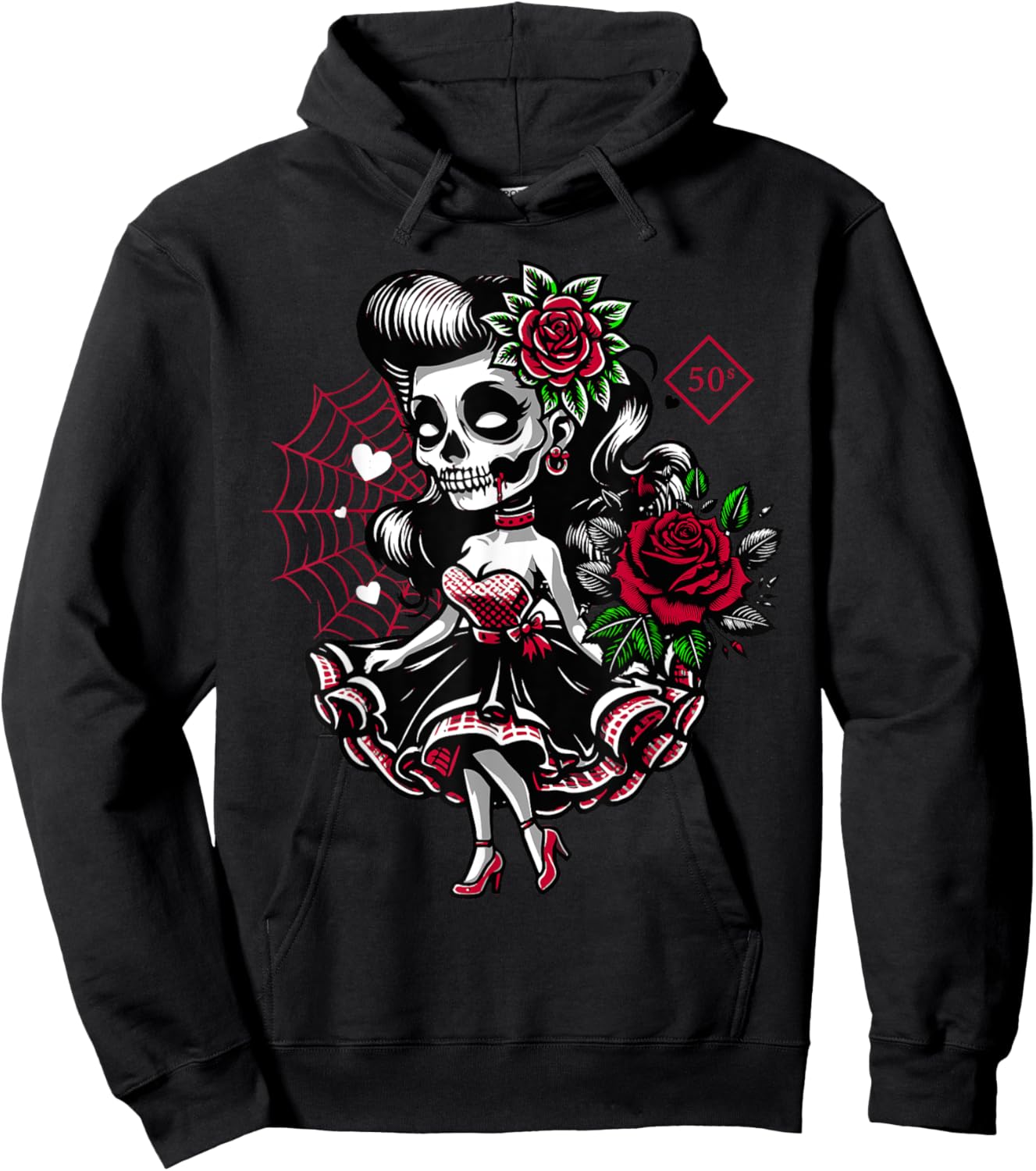 Kawaii Rockabilly Skeleton Pin Up Horror Rebel Hoodie - Hoodie | Black