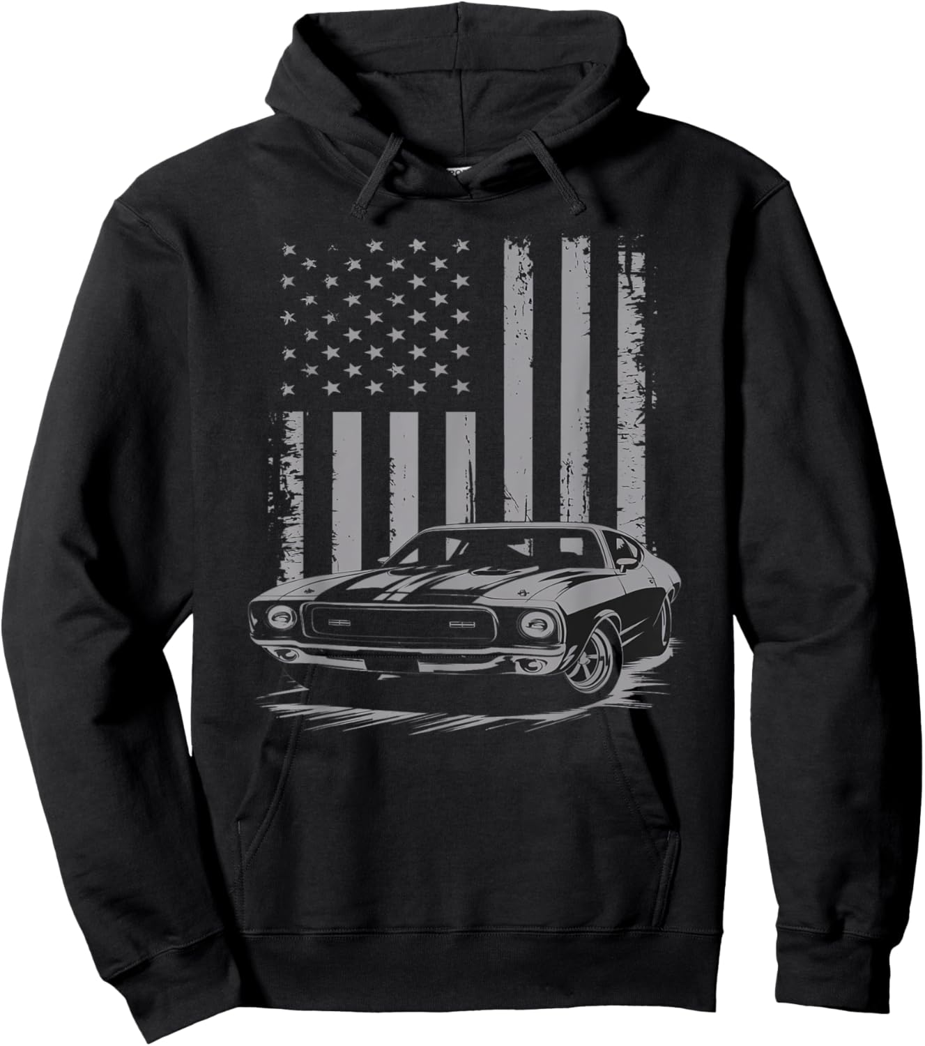 Vintage American USA Flag Muscle Car Enthusiast Fan Men Guy Hoodie - Hoodie | Black