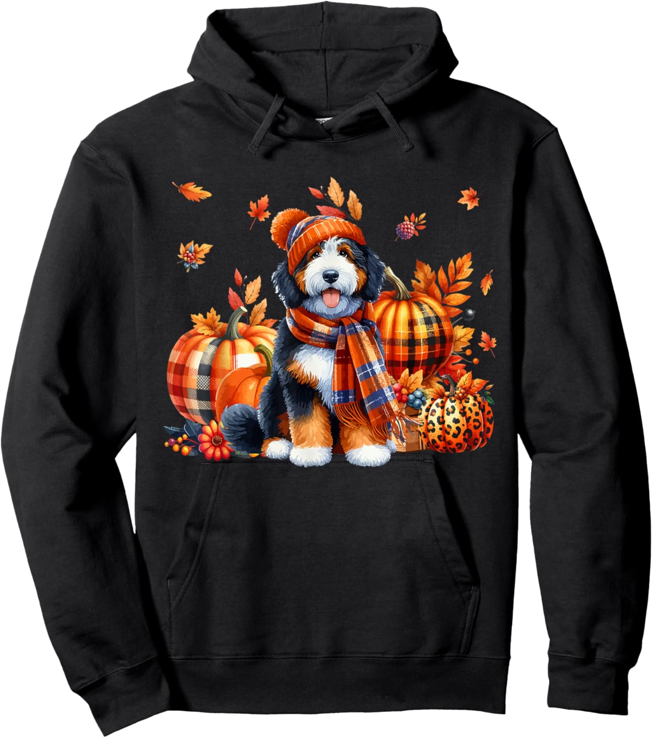 Bernedoodle Thanksgiving Leopard Pumpkins Fall Leaves Lover Hoodie - Hoodie | Black