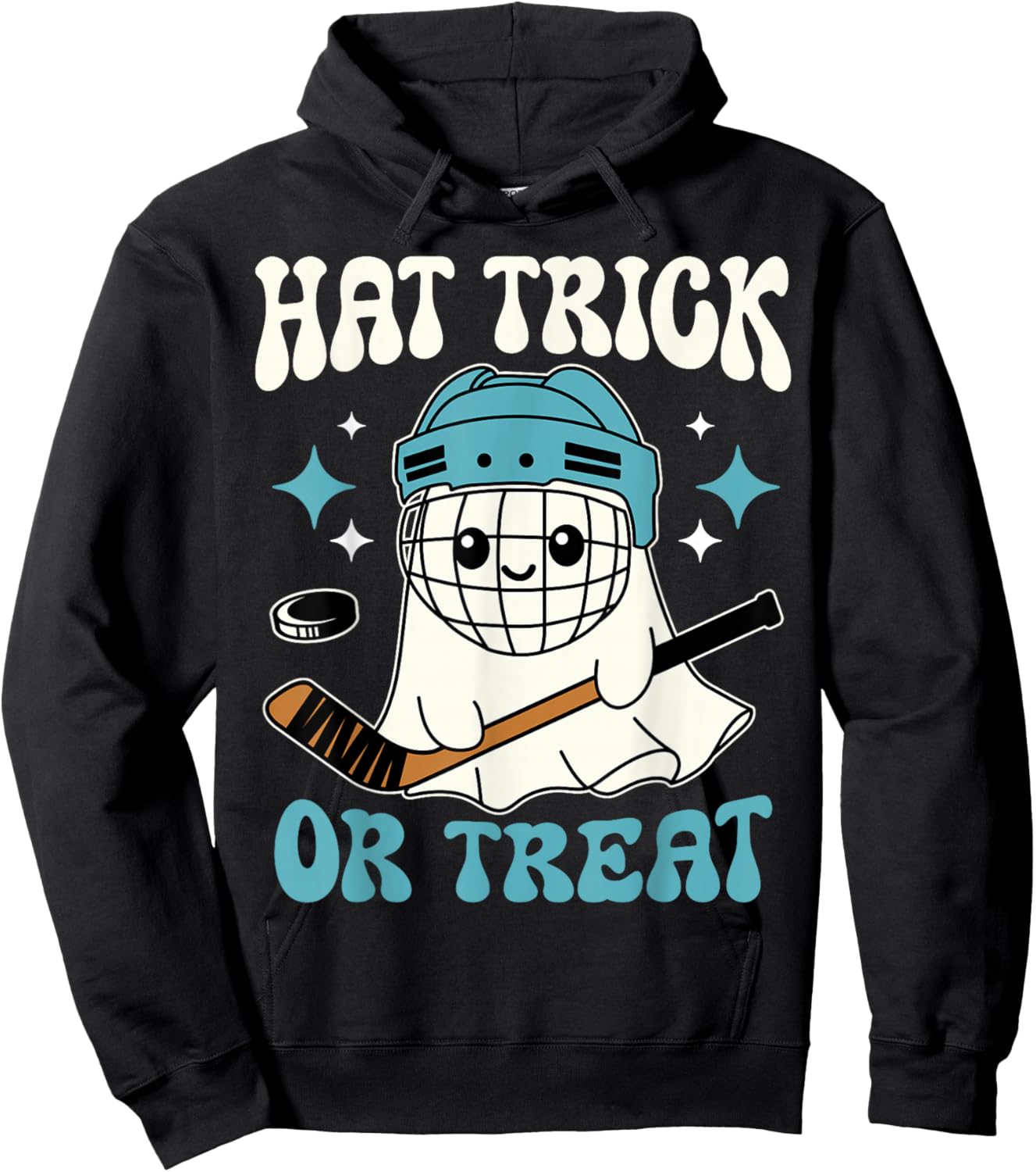 Hat Trick Or Treat Halloween Ice Hockey Player Ghost Hockey Hoodie - Hoodie | Black