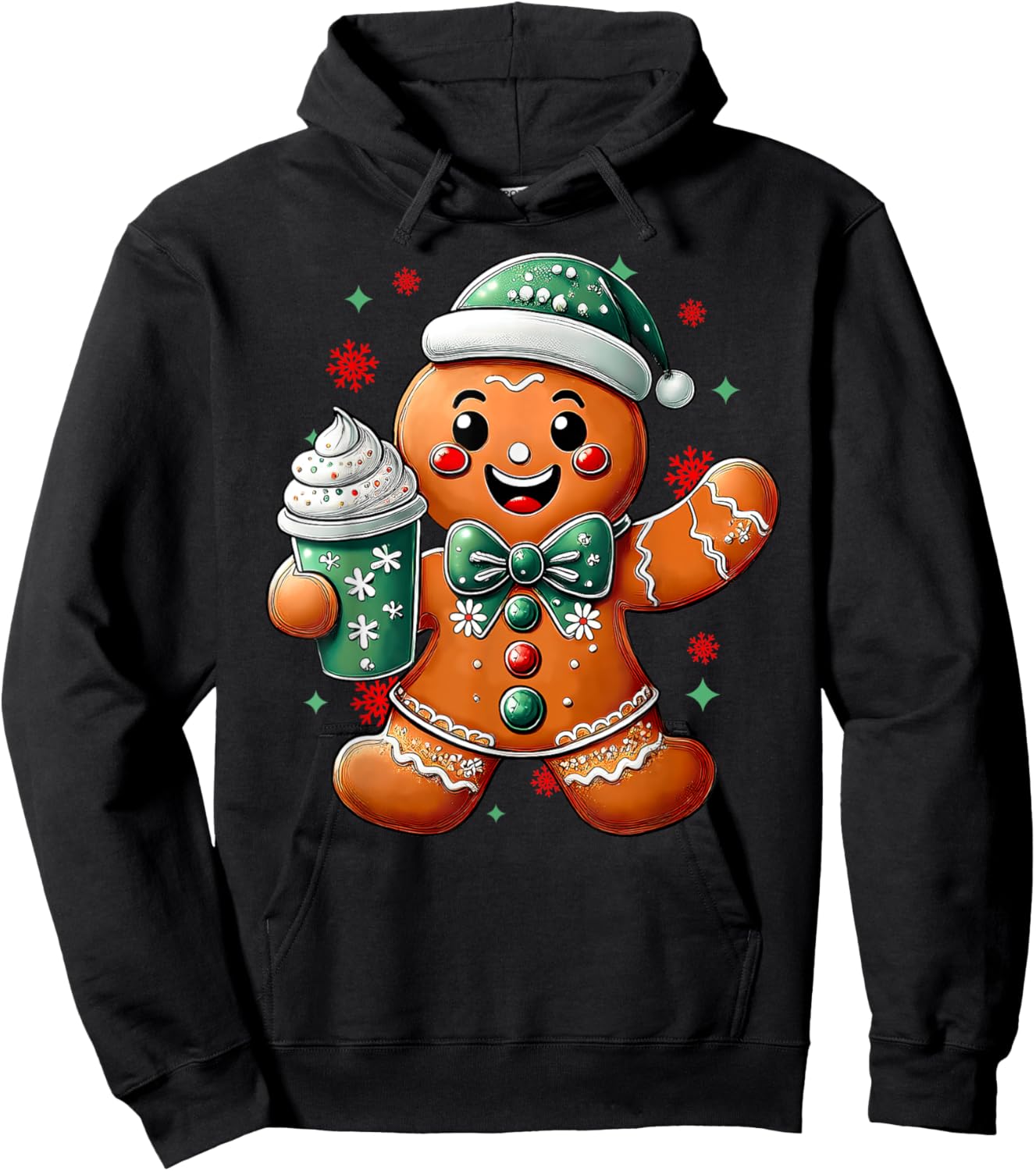 Cute Gingerbread Drinking Coffee Latte Lover Merry Christmas Hoodie - Hoodie | Black