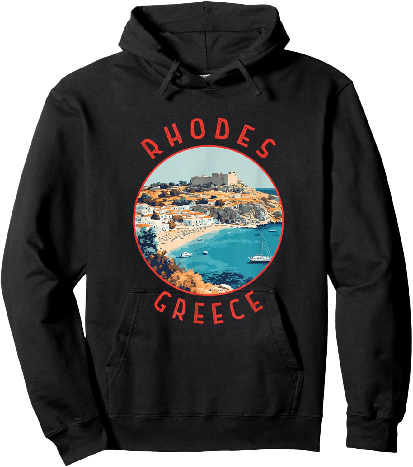 Rhodes Greece Retro Distressed Circle Hoodie - Hoodie | Black