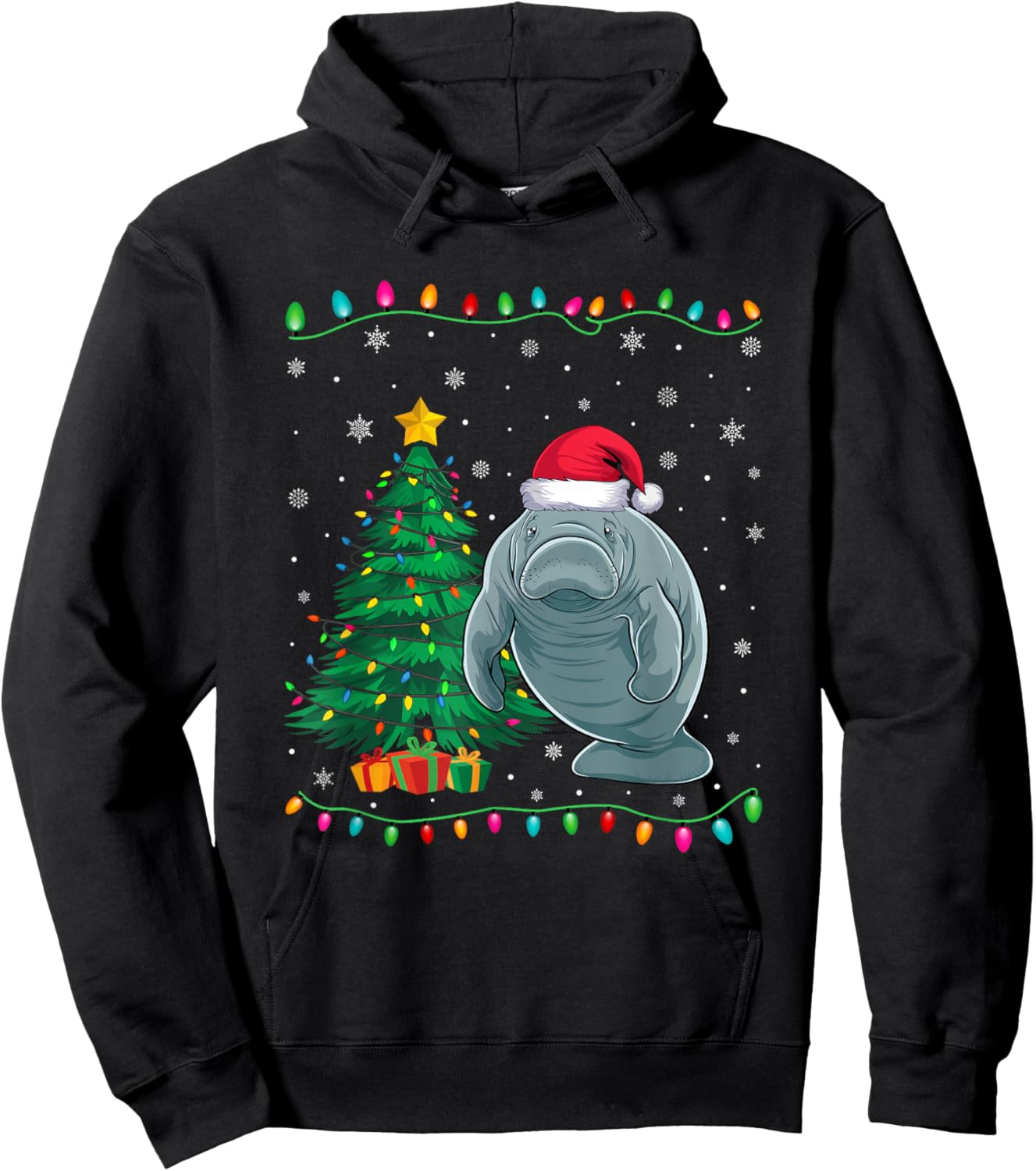 Manatee Santa Hat Men Women Kids Christmas Tree Lights Hoodie - Hoodie | Black