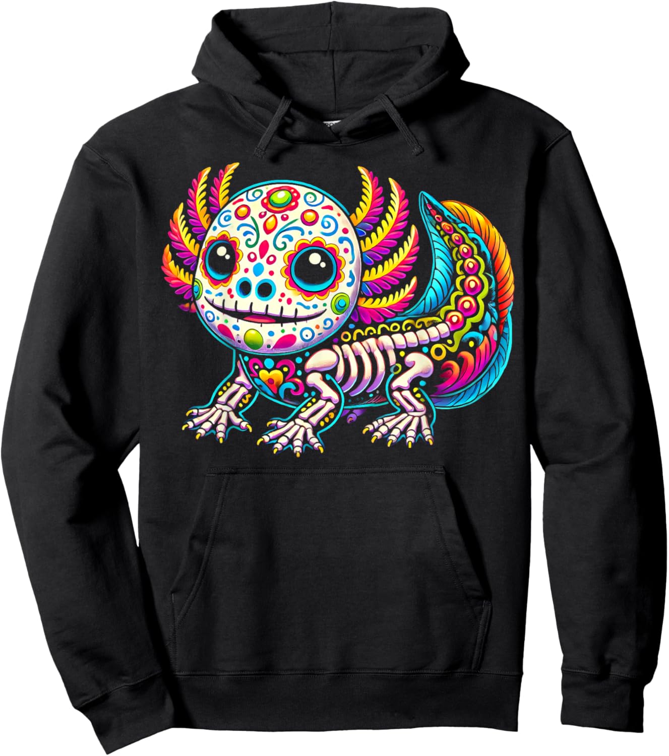 Colorful Axolotl Día de Muertos Sugar Skull Day of the Dead Hoodie - Hoodie | Black